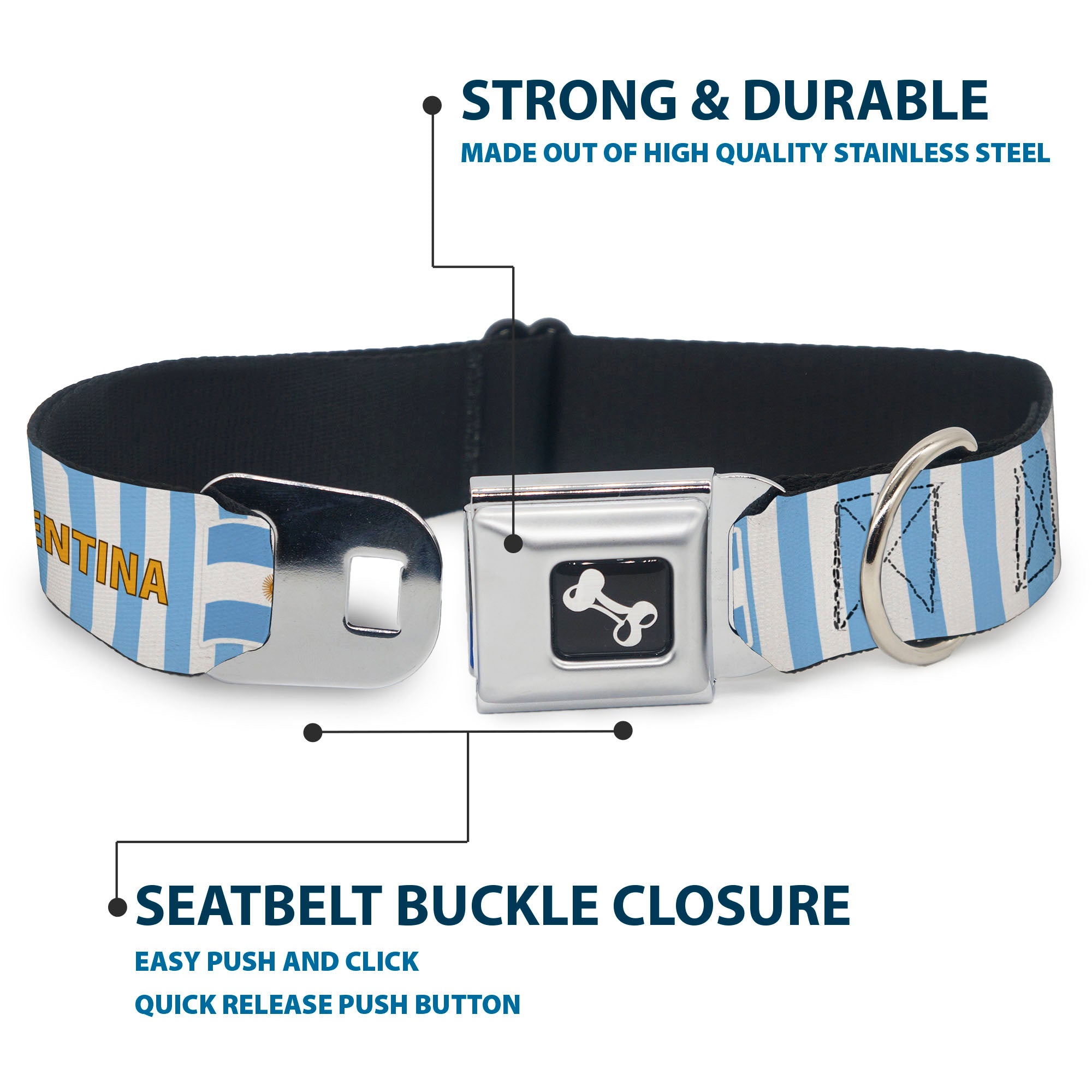 Dog Bone Black/Silver Seatbelt Buckle Collar - Global Soccer Cup Series Argentina Spirit Flag Seatbelt Buckle Collars Buckle-Down
