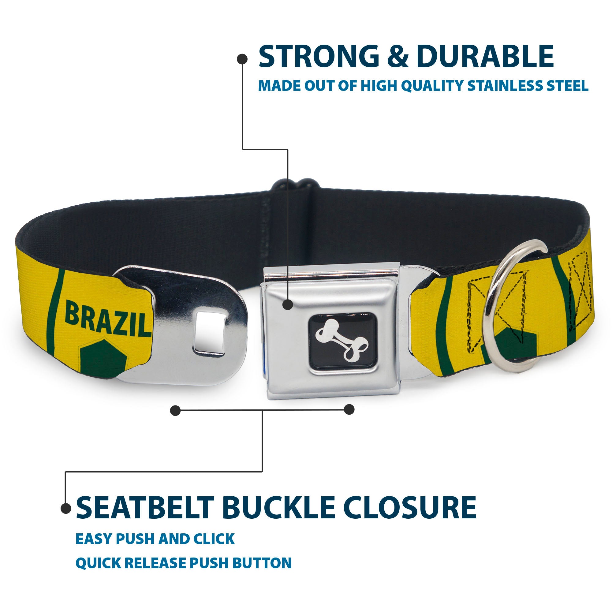 Dog Bone Black/Silver Seatbelt Buckle Collar - Global Soccer Cup Series Brazil Spirit Flag Seatbelt Buckle Collars Buckle-Down
