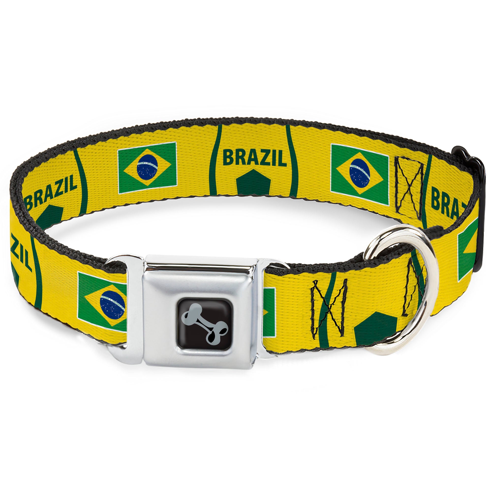 Dog Bone Black/Silver Seatbelt Buckle Collar - Global Soccer Cup Series Brazil Spirit Flag Seatbelt Buckle Collars Buckle-Down