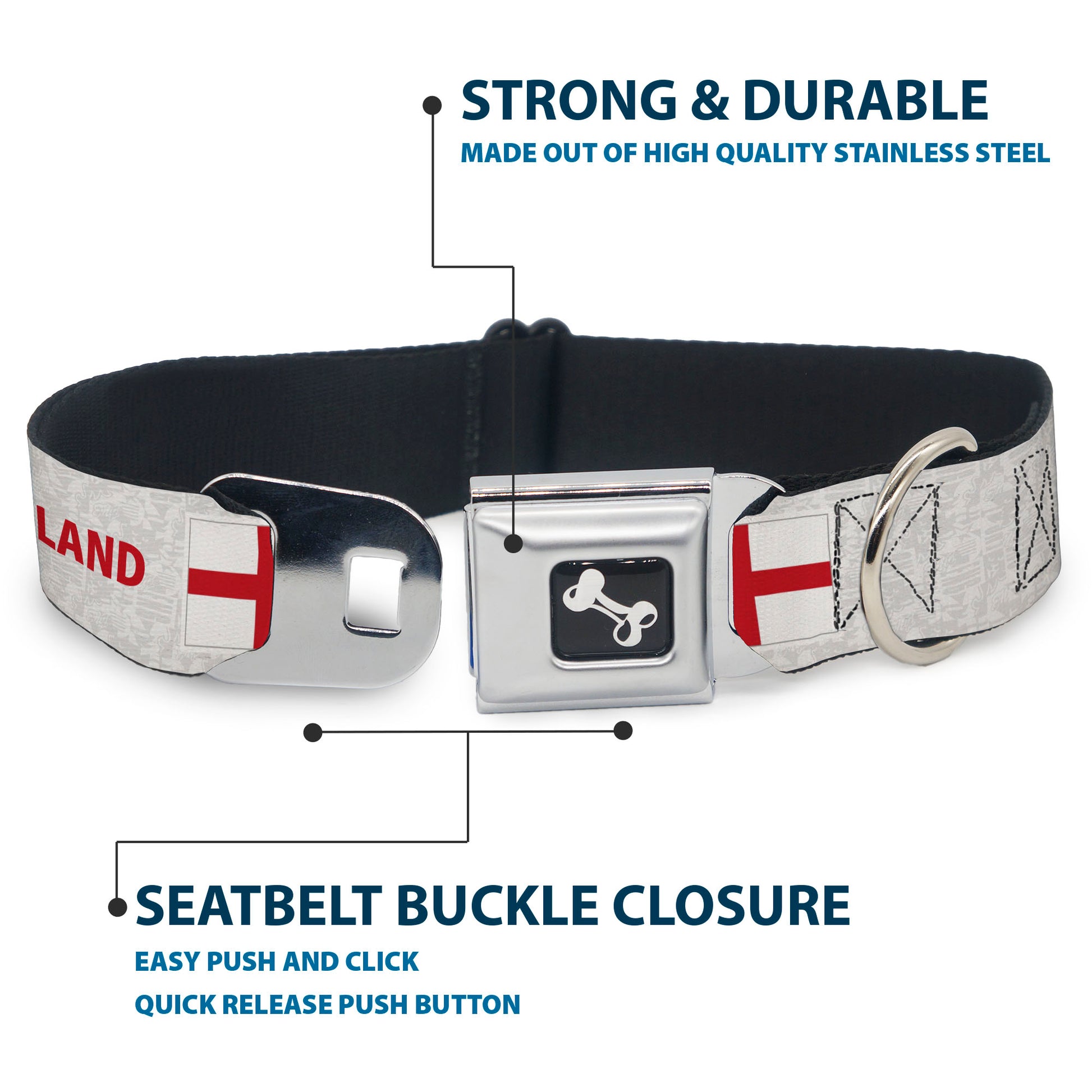 Dog Bone Black/Silver Seatbelt Buckle Collar - Global Soccer Cup Series England Spirit Flag Seatbelt Buckle Collars Buckle-Down
