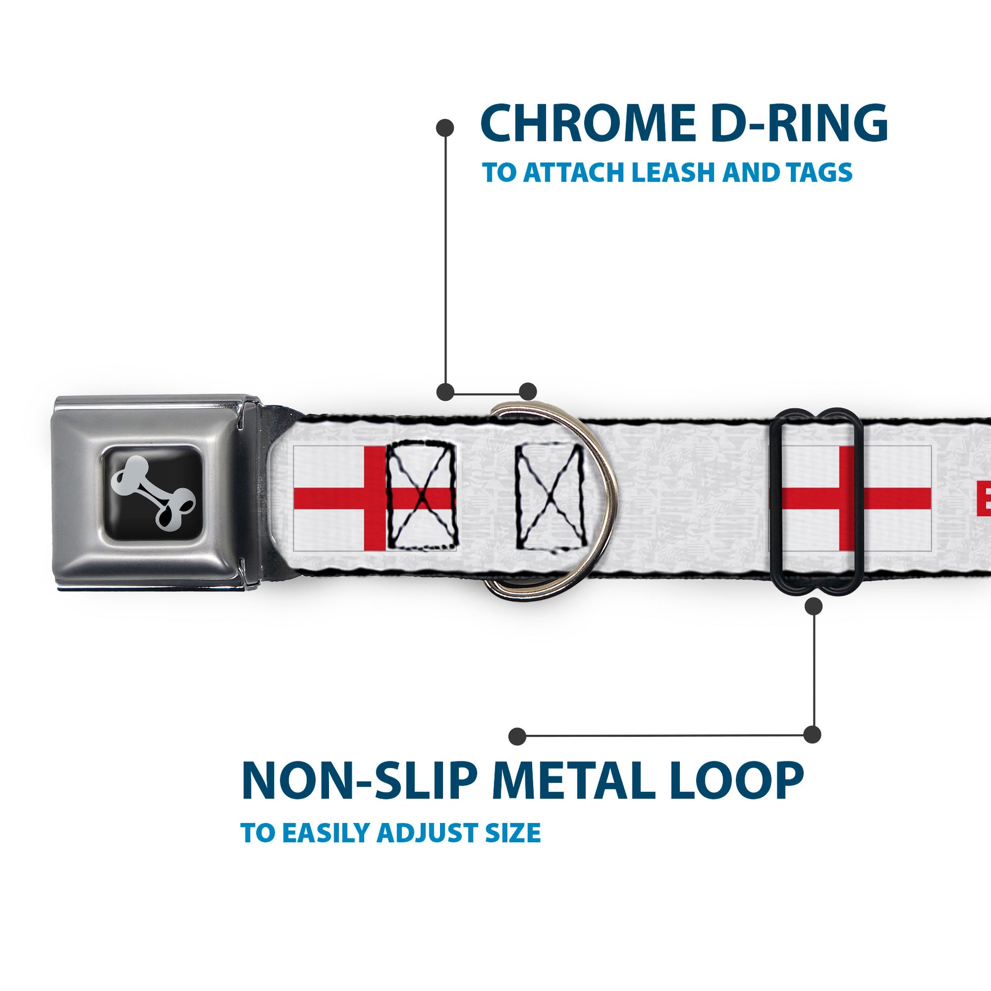 Dog Bone Black/Silver Seatbelt Buckle Collar - Global Soccer Cup Series England Spirit Flag Seatbelt Buckle Collars Buckle-Down