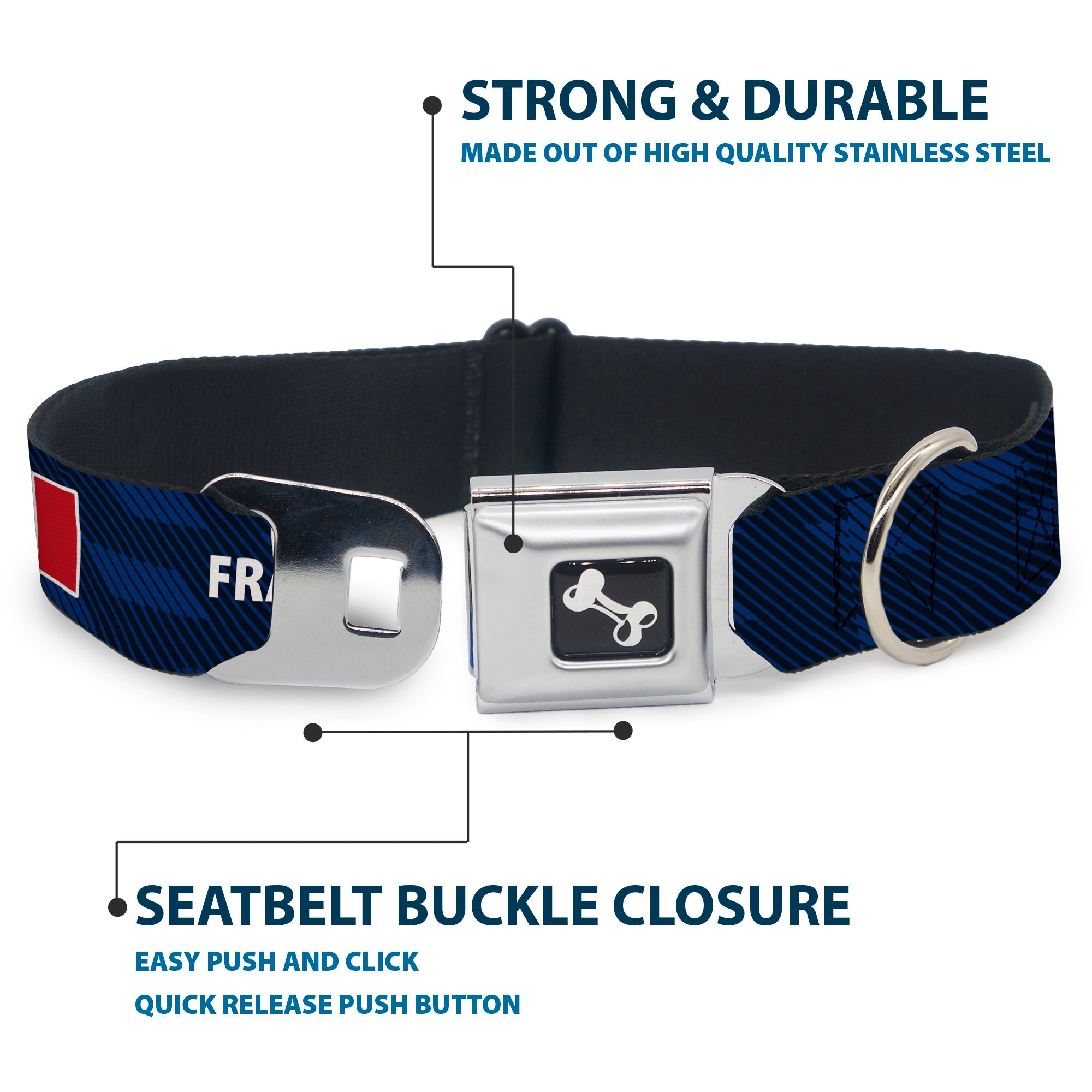 Dog Bone Black/Silver Seatbelt Buckle Collar - Global Soccer Cup Series France Spirit Flag Seatbelt Buckle Collars Buckle-Down