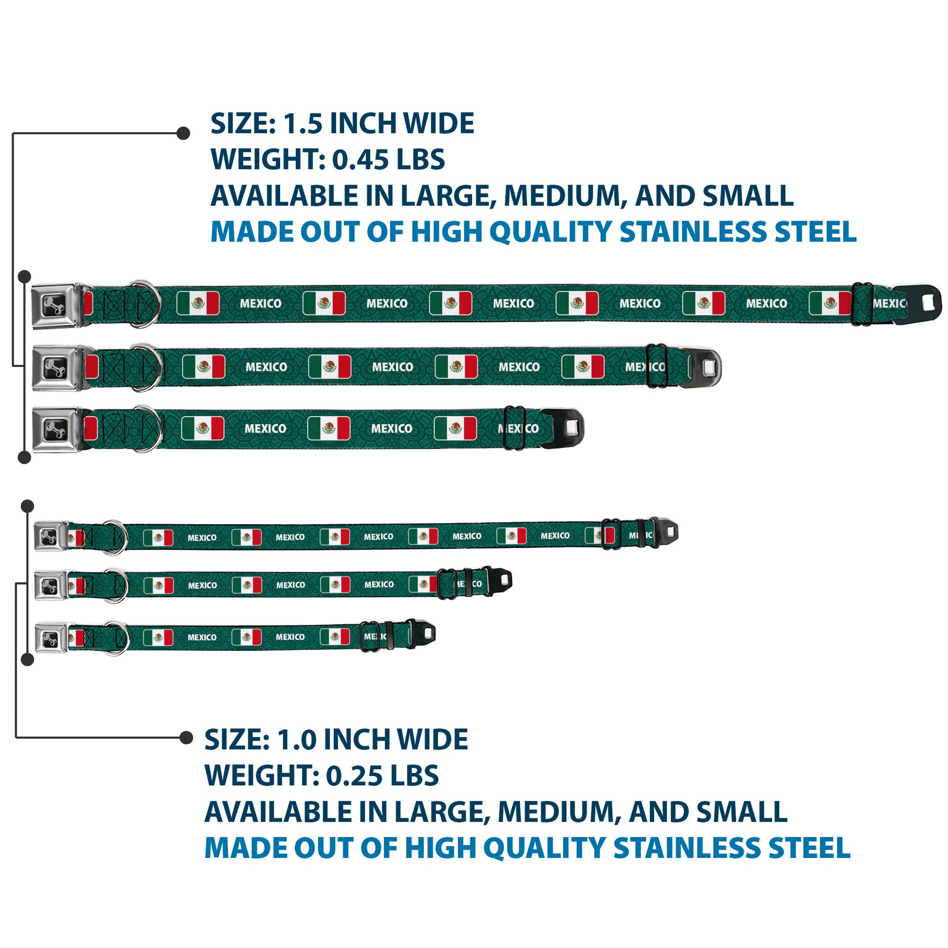 Dog Bone Black/Silver Seatbelt Buckle Collar - Global Soccer Cup Series Mexico Spirit Flag Seatbelt Buckle Collars Buckle-Down