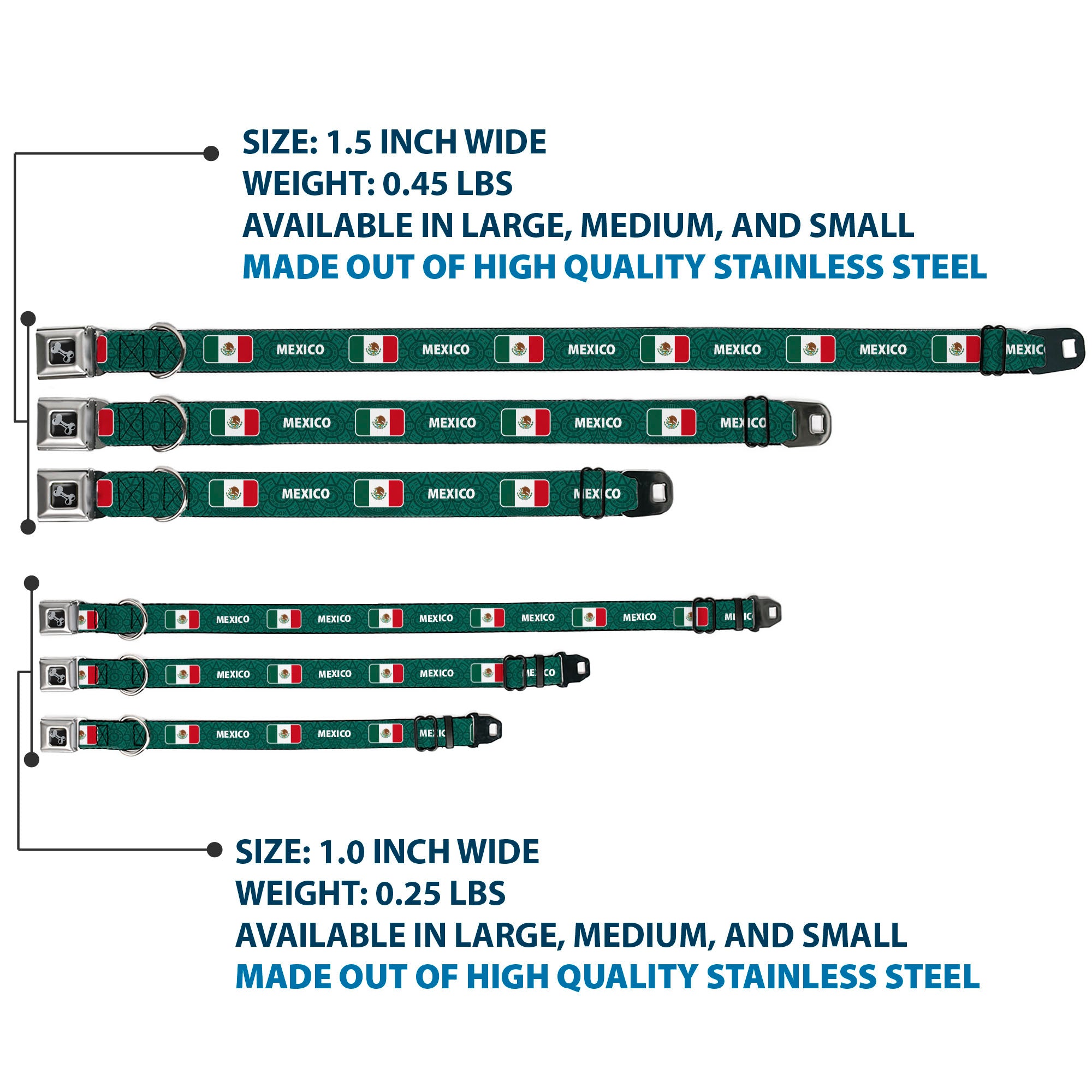 Dog Bone Black/Silver Seatbelt Buckle Collar - Global Soccer Cup Series Mexico Spirit Flag Seatbelt Buckle Collars Buckle-Down