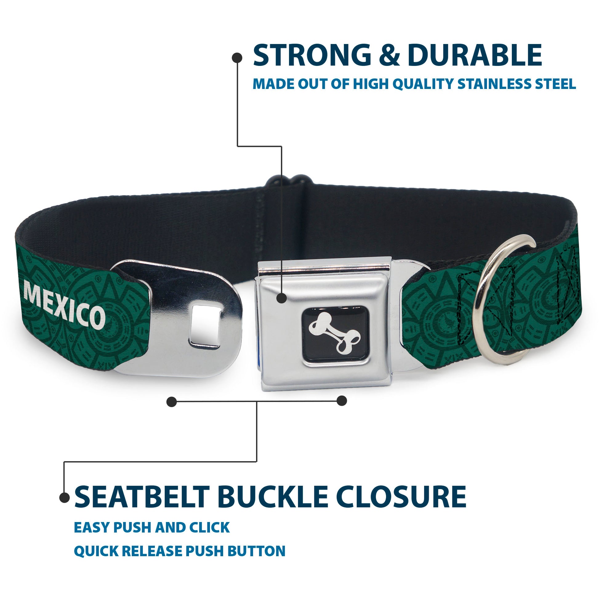 Dog Bone Black/Silver Seatbelt Buckle Collar - Global Soccer Cup Series Mexico Spirit Flag Seatbelt Buckle Collars Buckle-Down