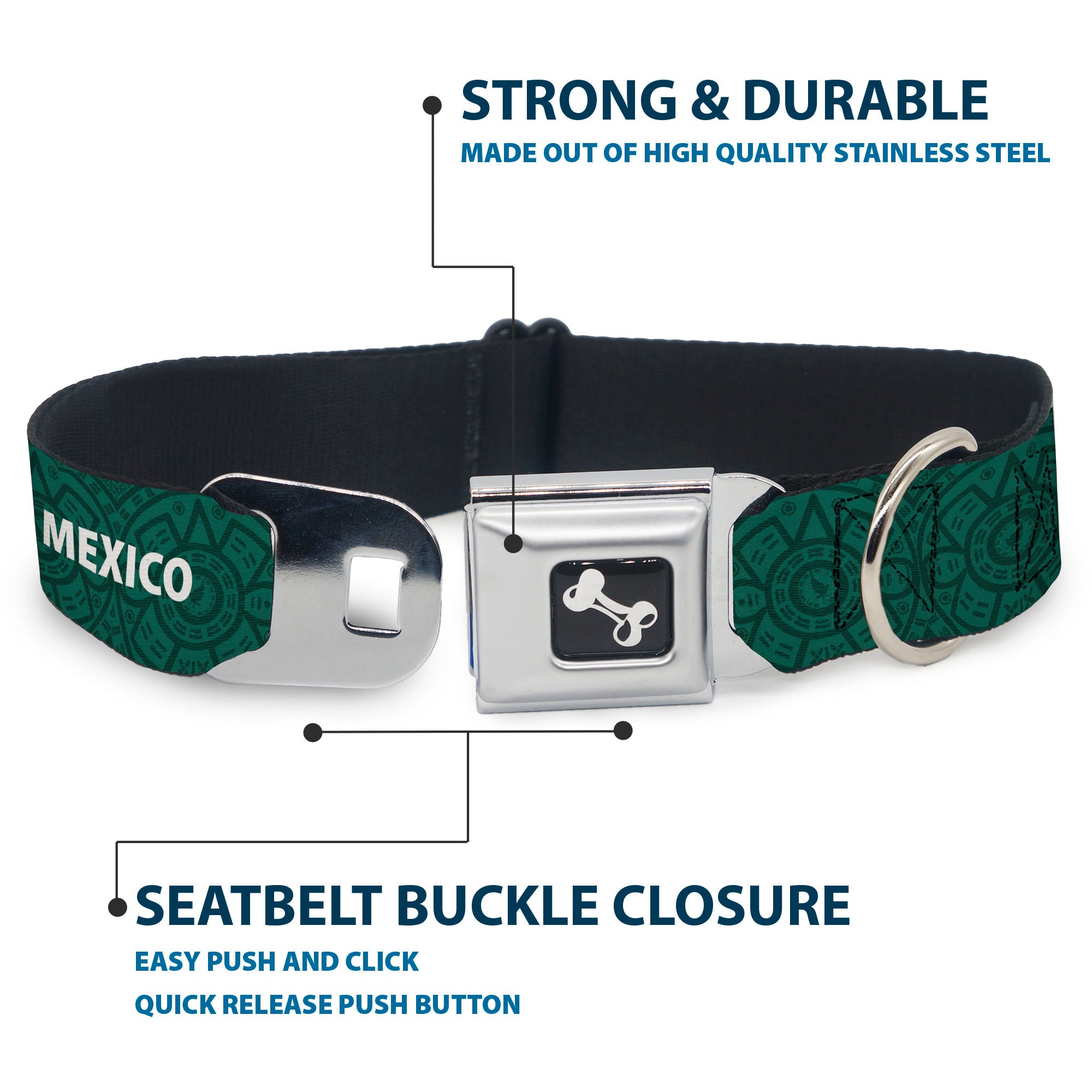 Dog Bone Black/Silver Seatbelt Buckle Collar - Global Soccer Cup Series Mexico Spirit Flag Seatbelt Buckle Collars Buckle-Down