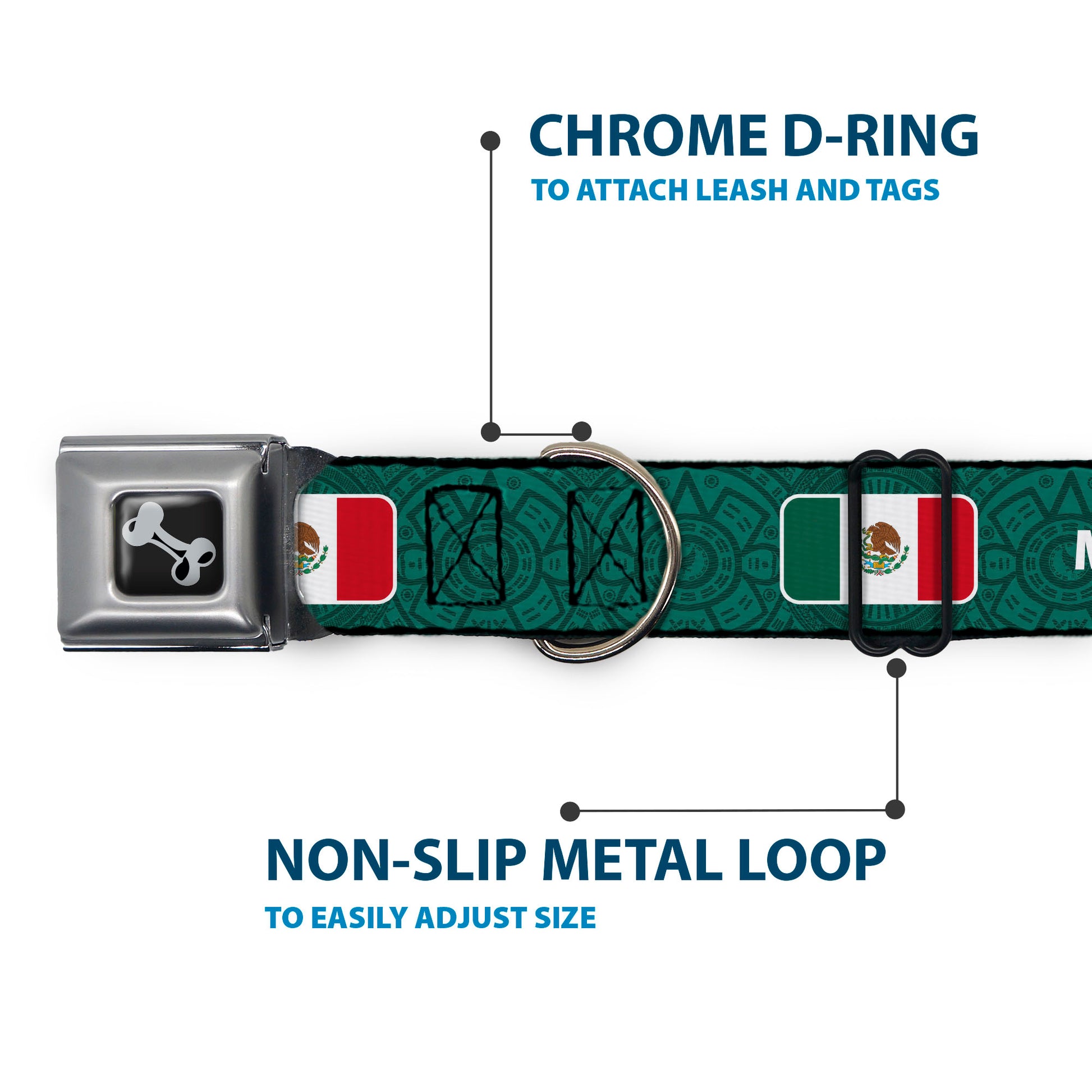 Dog Bone Black/Silver Seatbelt Buckle Collar - Global Soccer Cup Series Mexico Spirit Flag Seatbelt Buckle Collars Buckle-Down