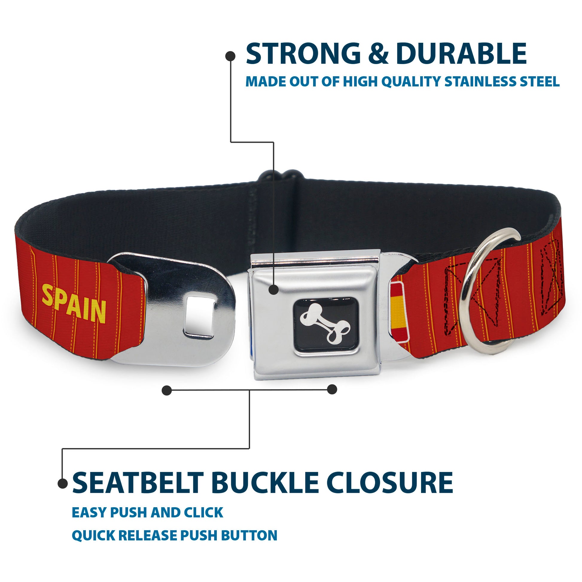 Dog Bone Black/Silver Seatbelt Buckle Collar - Global Soccer Cup Series Spain Spirit Flag Seatbelt Buckle Collars Buckle-Down