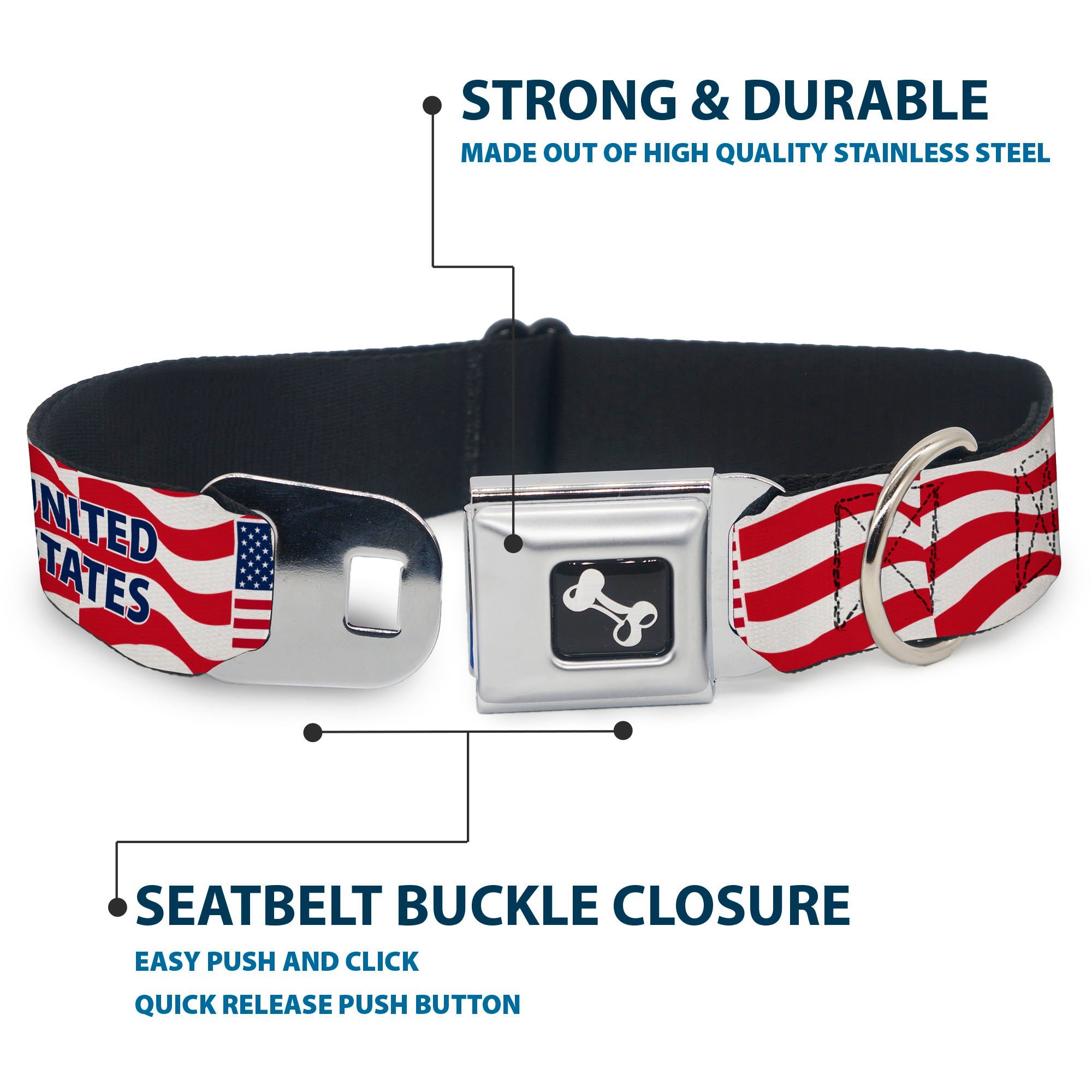 Dog Bone Black/Silver Seatbelt Buckle Collar - Global Soccer Cup Series United States Spirit Flag Seatbelt Buckle Collars Buckle-Down