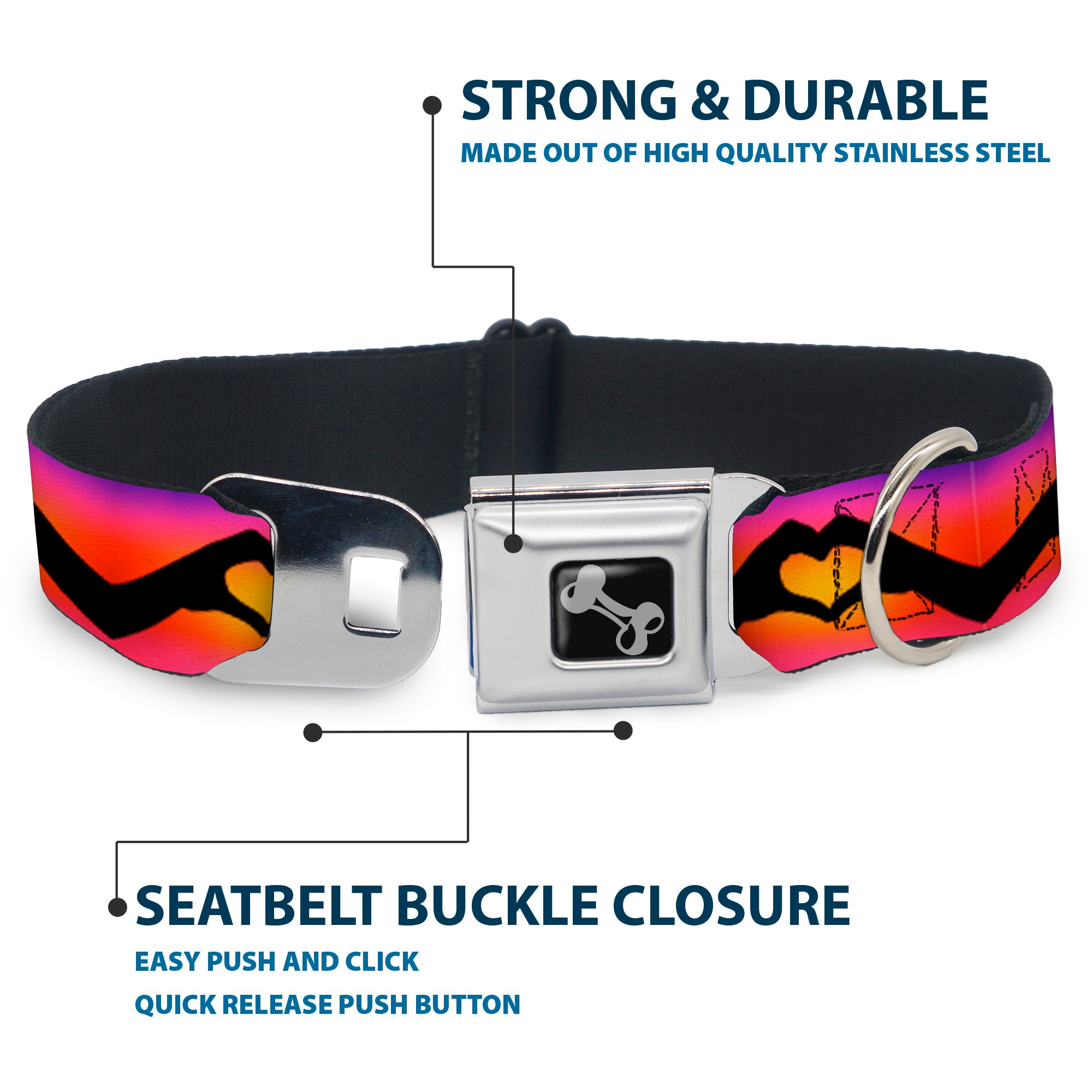 Dog Bone Seatbelt Buckle Collar - Hand Heart Silhouette Ombre Purples/Orange/Pinks Seatbelt Buckle Collars Buckle-Down