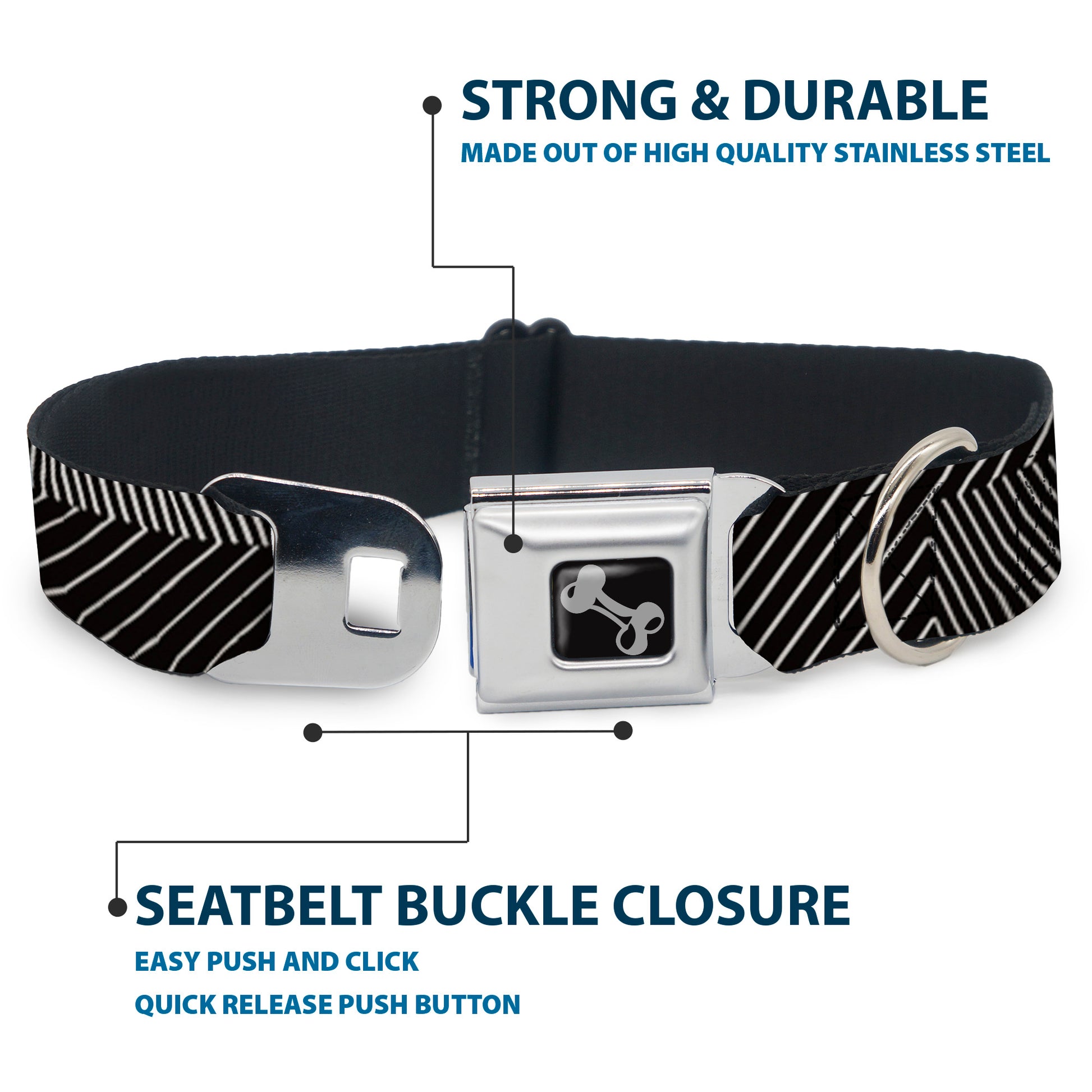 Dog Bone Seatbelt Buckle Collar - Hash Mark Stripe Black/White Seatbelt Buckle Collars Buckle-Down