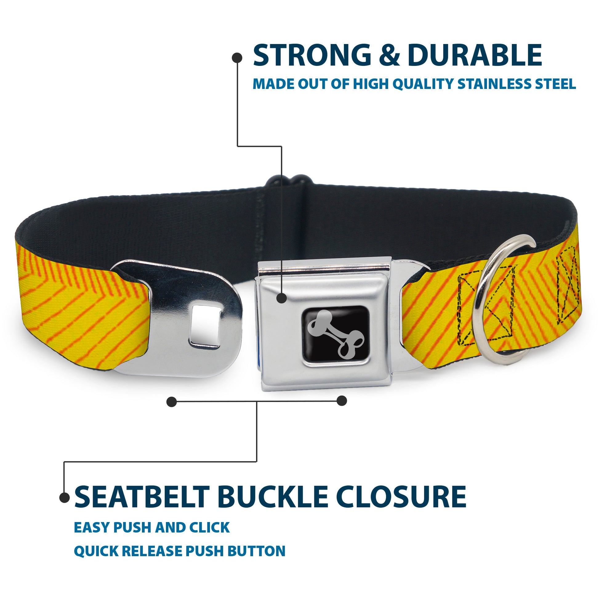 Dog Bone Seatbelt Buckle Collar - Hash Mark Stripe Yellow/Red Seatbelt Buckle Collars Buckle-Down