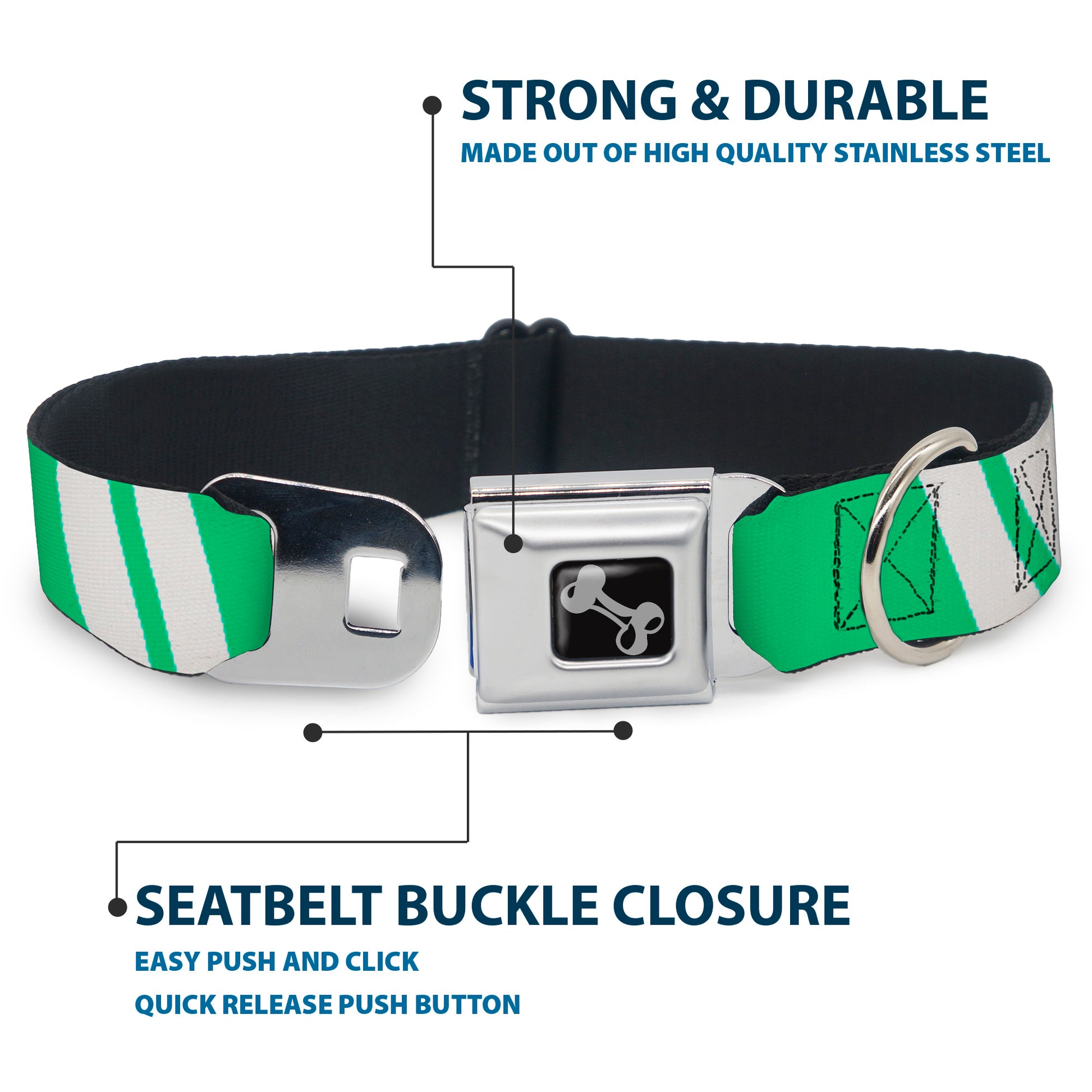 Dog Bone Seatbelt Buckle Collar - Hash Mark Stripe Double Green/Silver Seatbelt Buckle Collars Buckle-Down