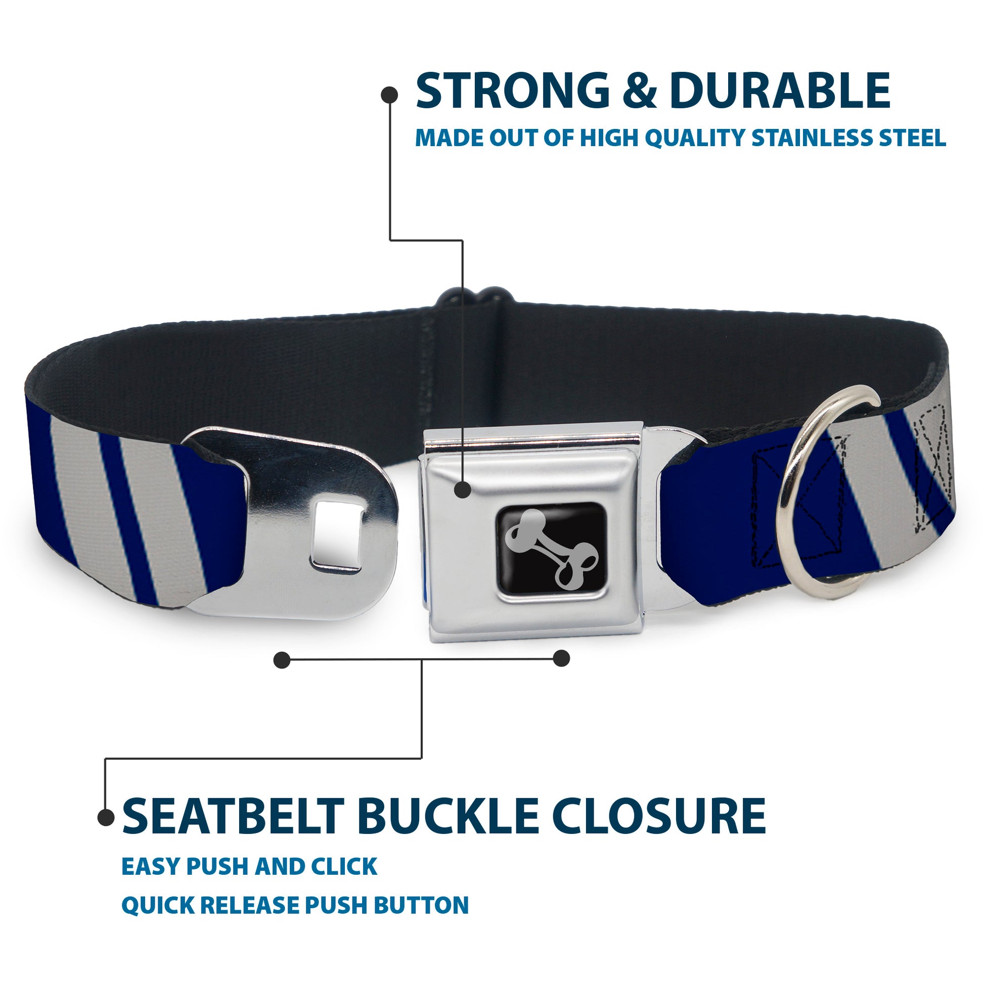 Dog Bone Seatbelt Buckle Collar - Hash Mark Stripe Double Navy/Silver Seatbelt Buckle Collars Buckle-Down