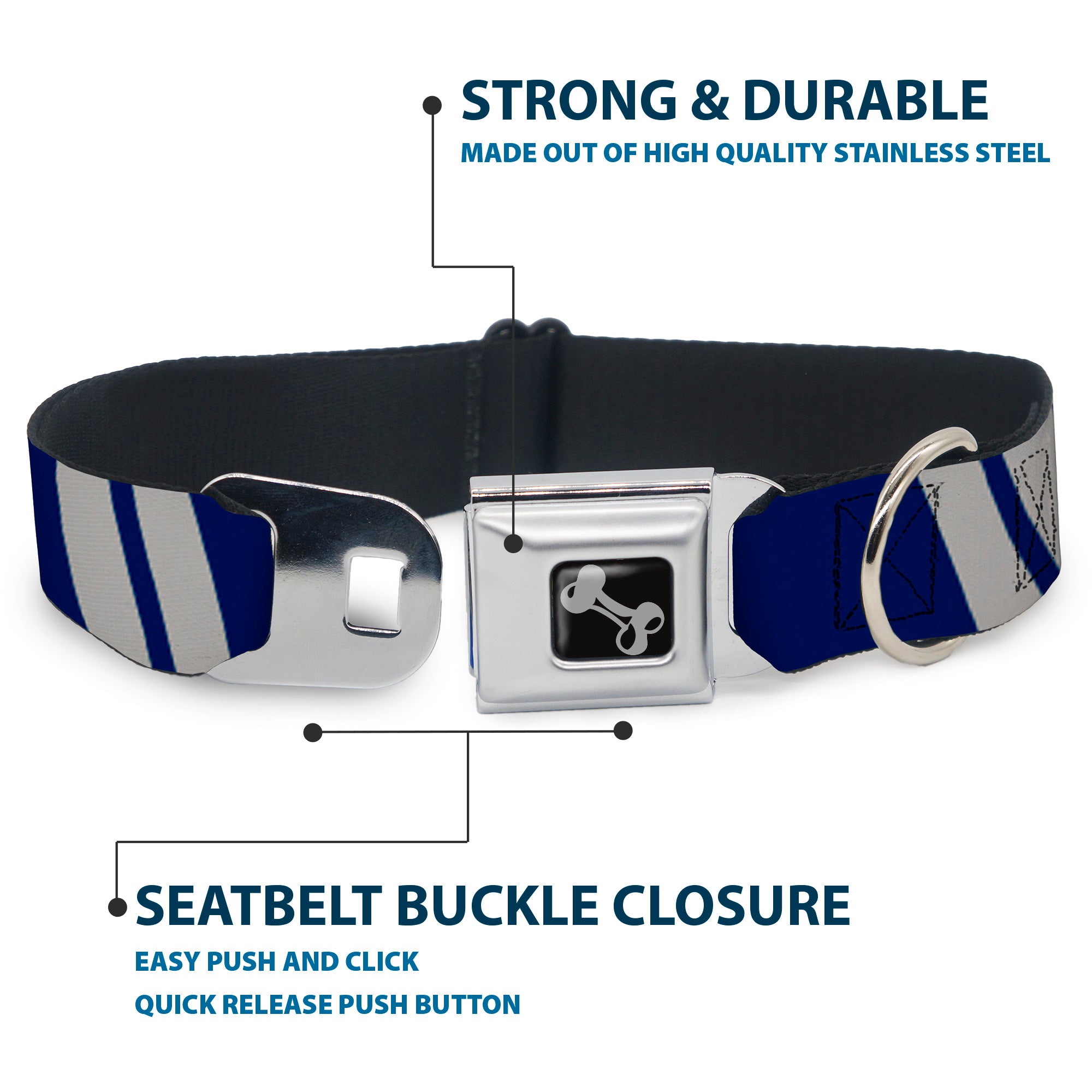 Dog Bone Seatbelt Buckle Collar - Hash Mark Stripe Double Navy/Silver Seatbelt Buckle Collars Buckle-Down