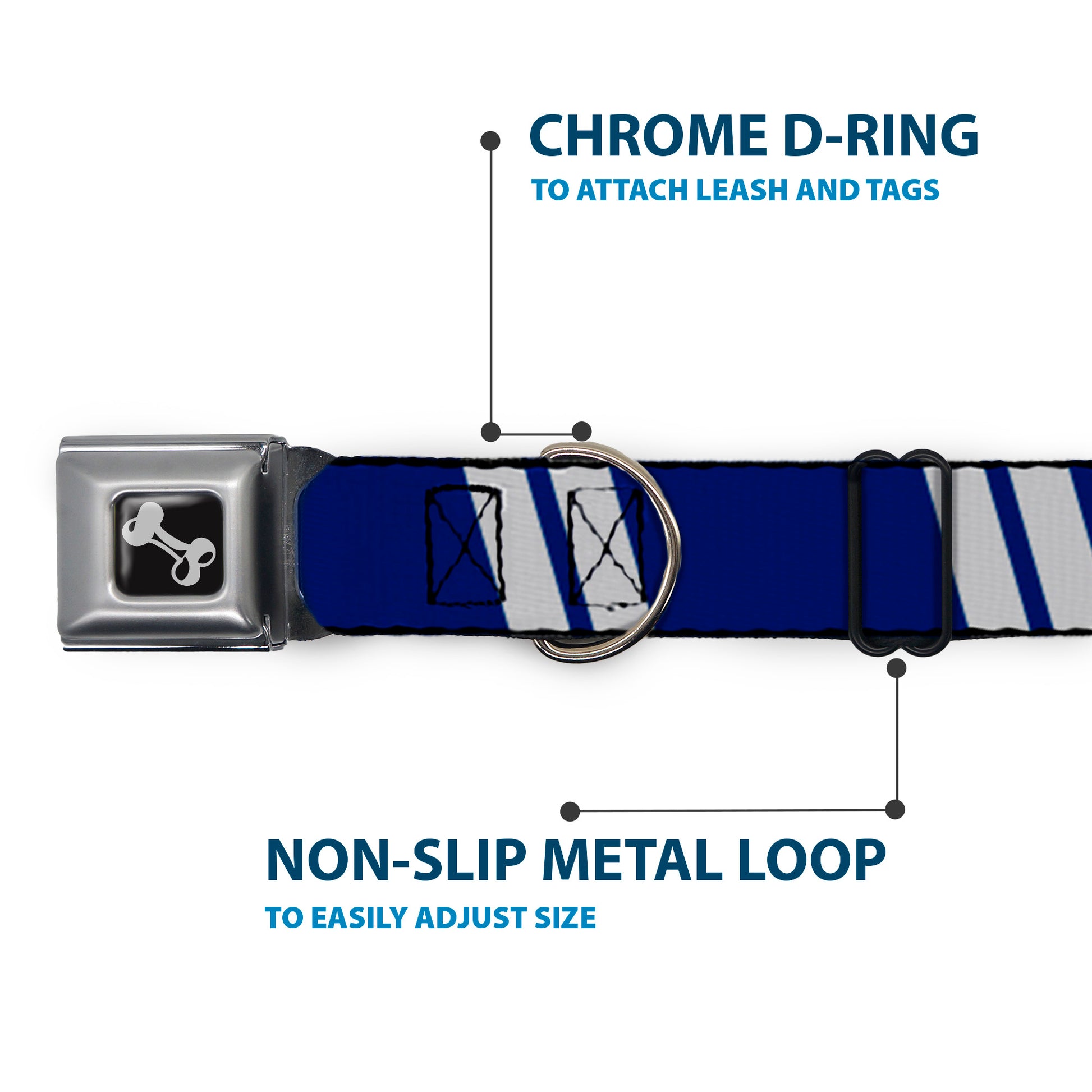 Dog Bone Seatbelt Buckle Collar - Hash Mark Stripe Double Navy/Silver Seatbelt Buckle Collars Buckle-Down