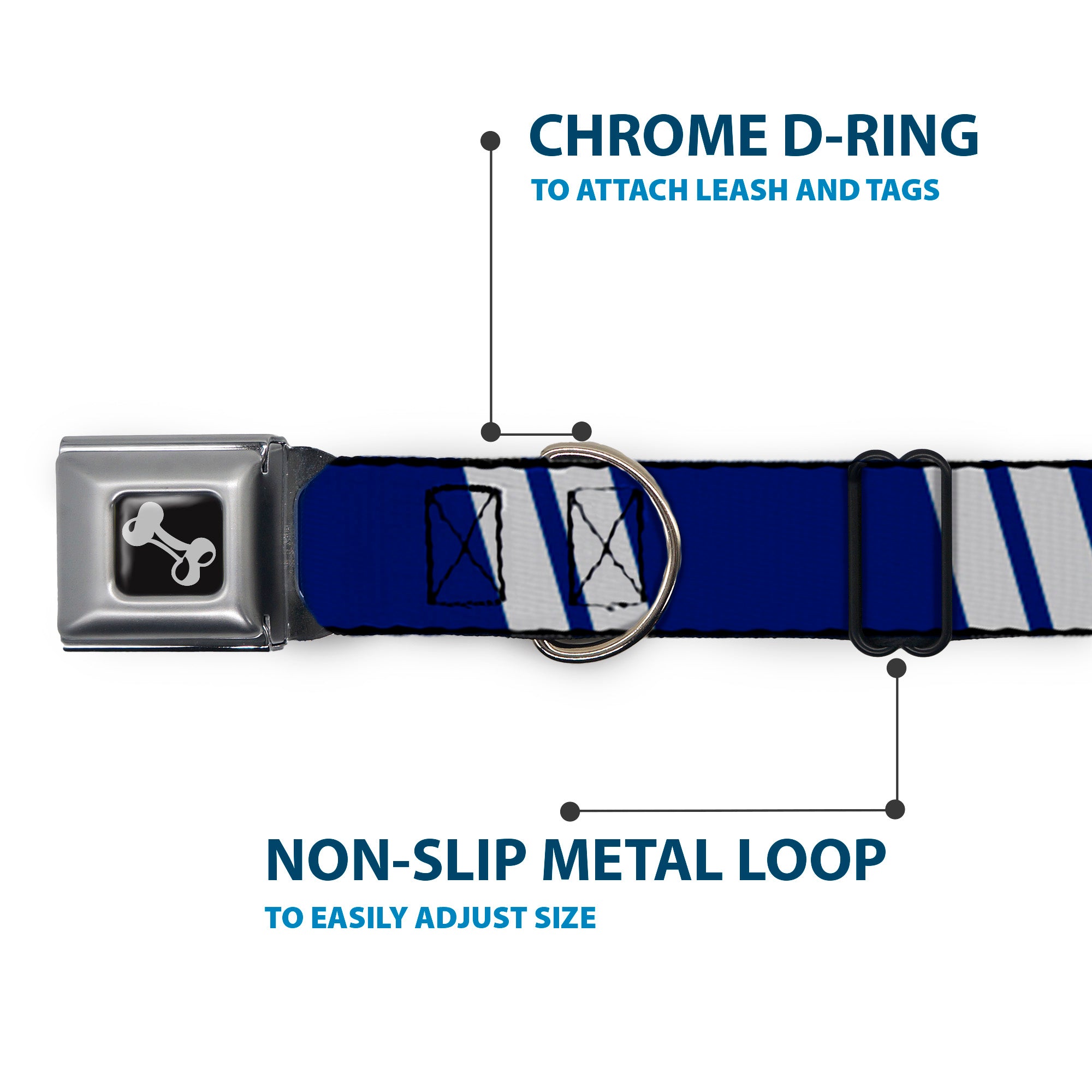 Dog Bone Seatbelt Buckle Collar - Hash Mark Stripe Double Navy/Silver Seatbelt Buckle Collars Buckle-Down