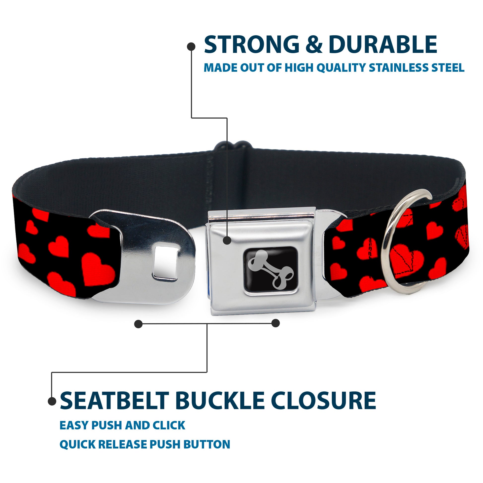 Dog Bone Seatbelt Buckle Collar - Hearts Scattered Black/Red Seatbelt Buckle Collars Buckle-Down