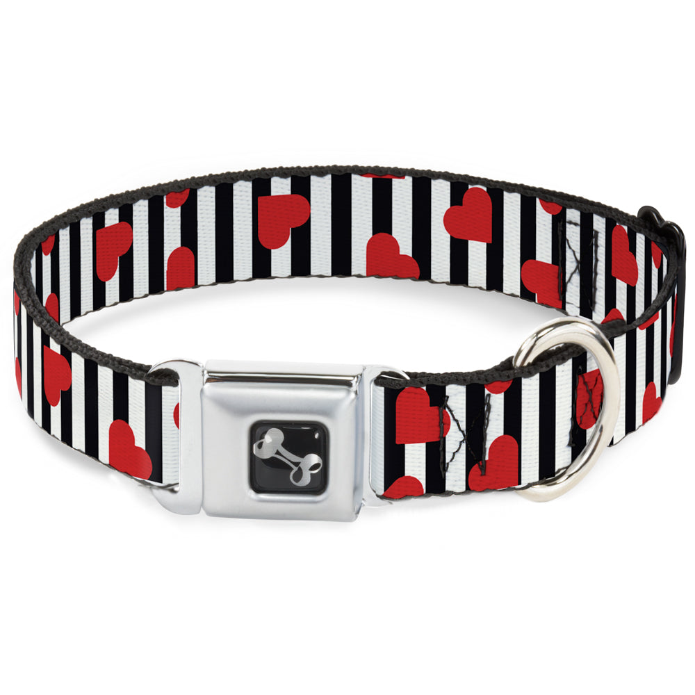 Dog Bone Seatbelt Buckle Collar - Hearts Scattered/Stripe White/Black/Red Seatbelt Buckle Collars Buckle-Down