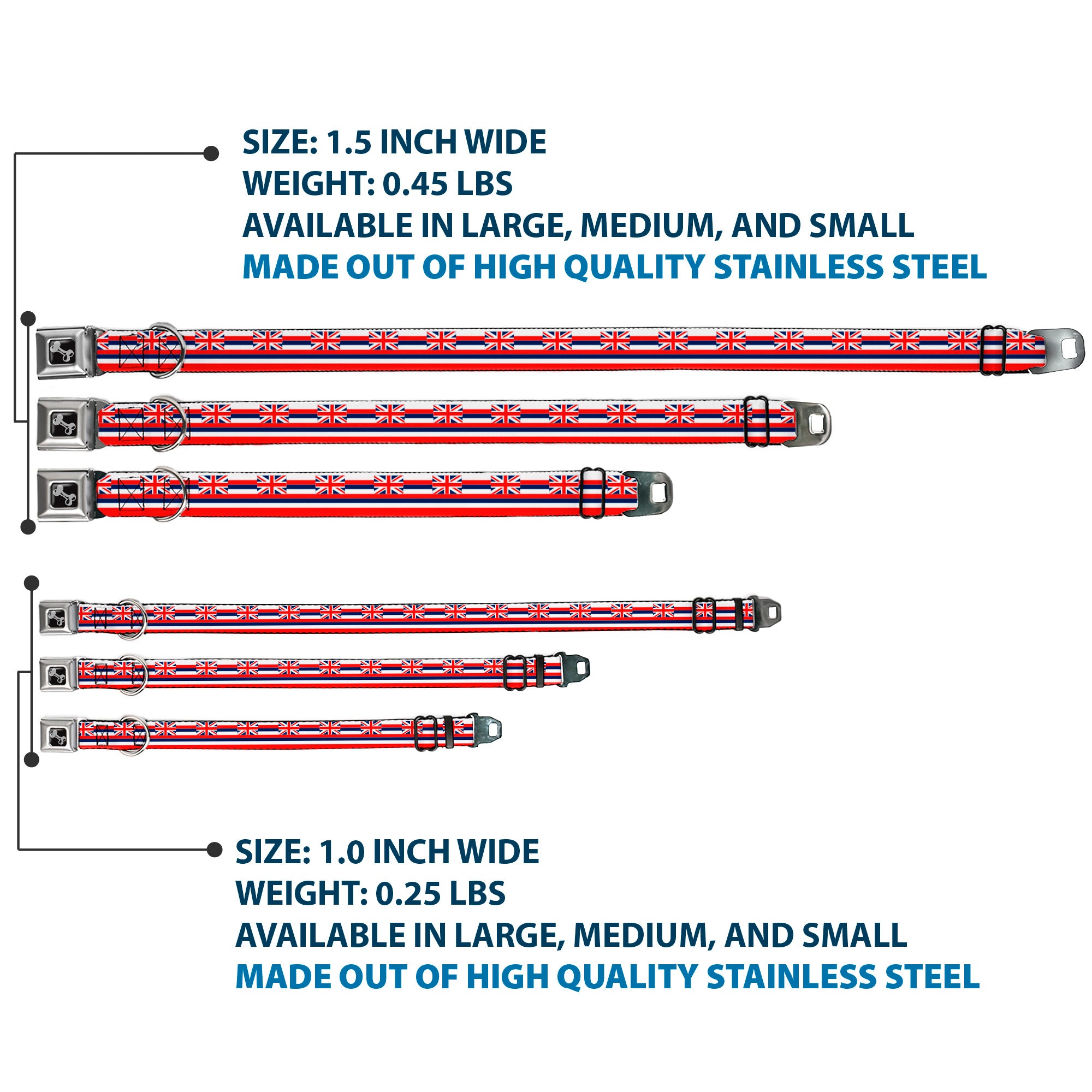 Dog Bone Black/Silver Seatbelt Buckle Collar - Hawaii Flag Continuous Repeat Seatbelt Buckle Collars Buckle-Down