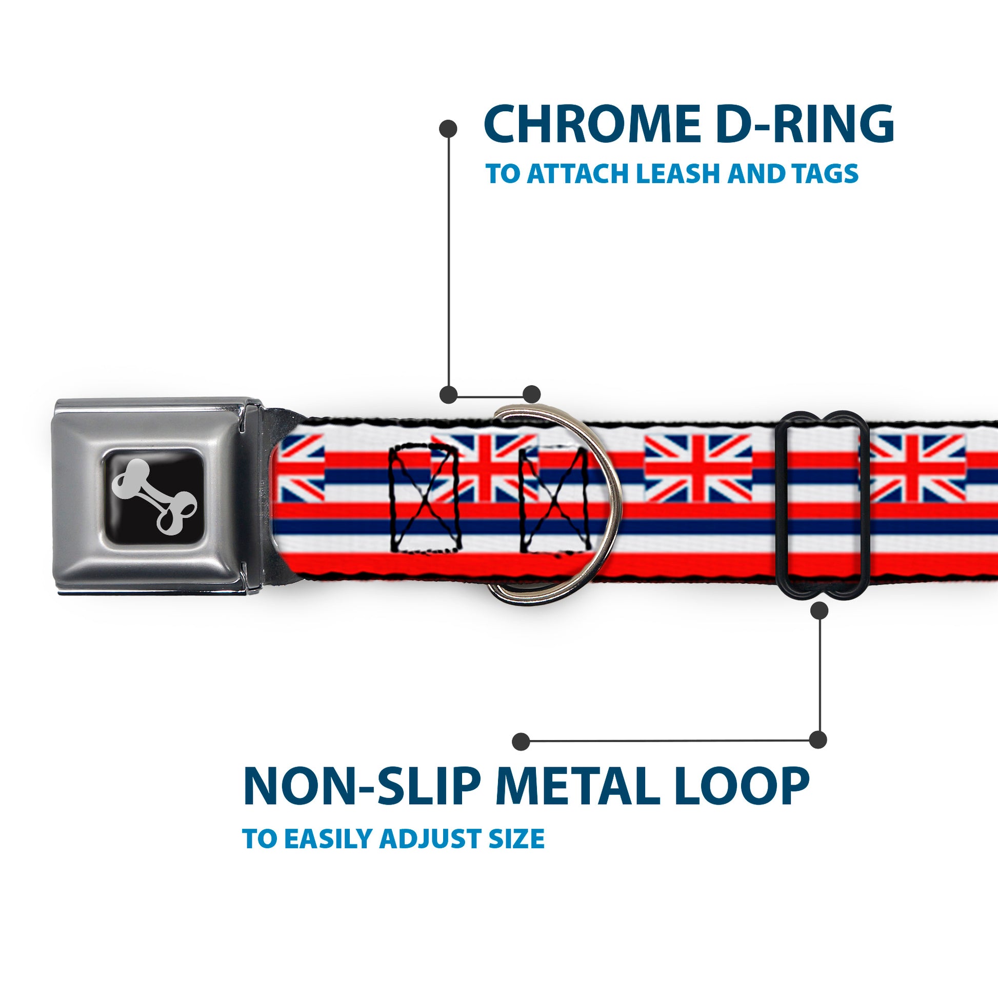 Dog Bone Black/Silver Seatbelt Buckle Collar - Hawaii Flag Continuous Repeat Seatbelt Buckle Collars Buckle-Down