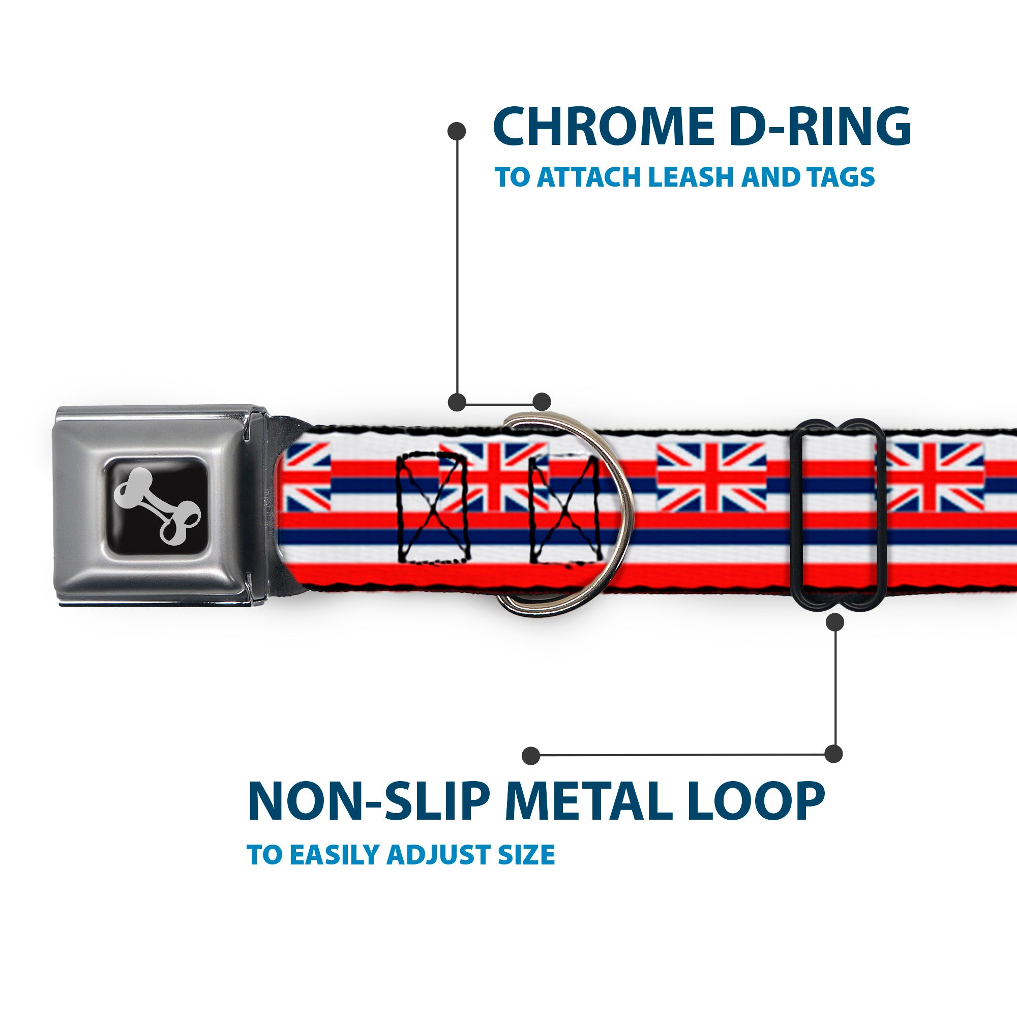 Dog Bone Black/Silver Seatbelt Buckle Collar - Hawaii Flag Continuous Repeat Seatbelt Buckle Collars Buckle-Down
