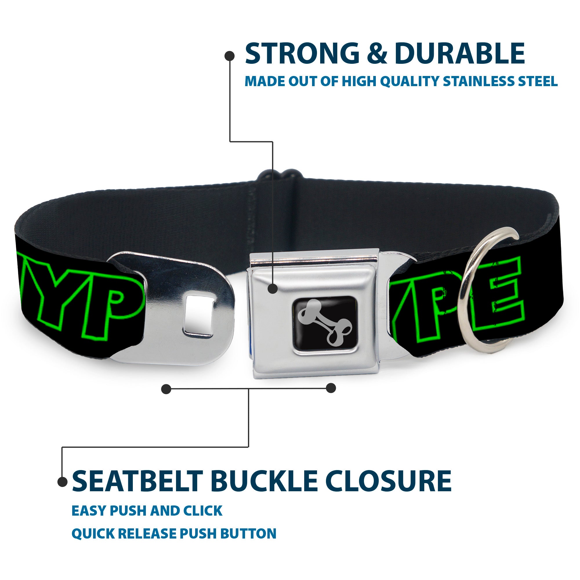 Dog Bone Black/Silver Seatbelt Buckle Collar - HYPE Outline Black/Neon Green Seatbelt Buckle Collars Buckle-Down