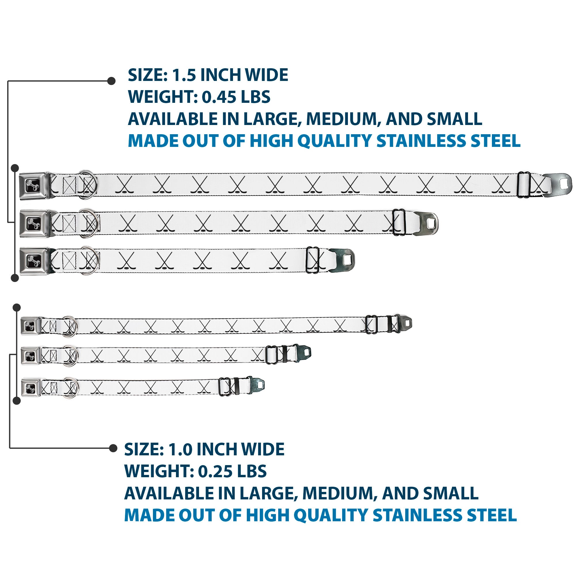 Dog Bone Black/Silver Seatbelt Buckle Collar - Hockey Sticks and Puck White/Black Seatbelt Buckle Collars Buckle-Down