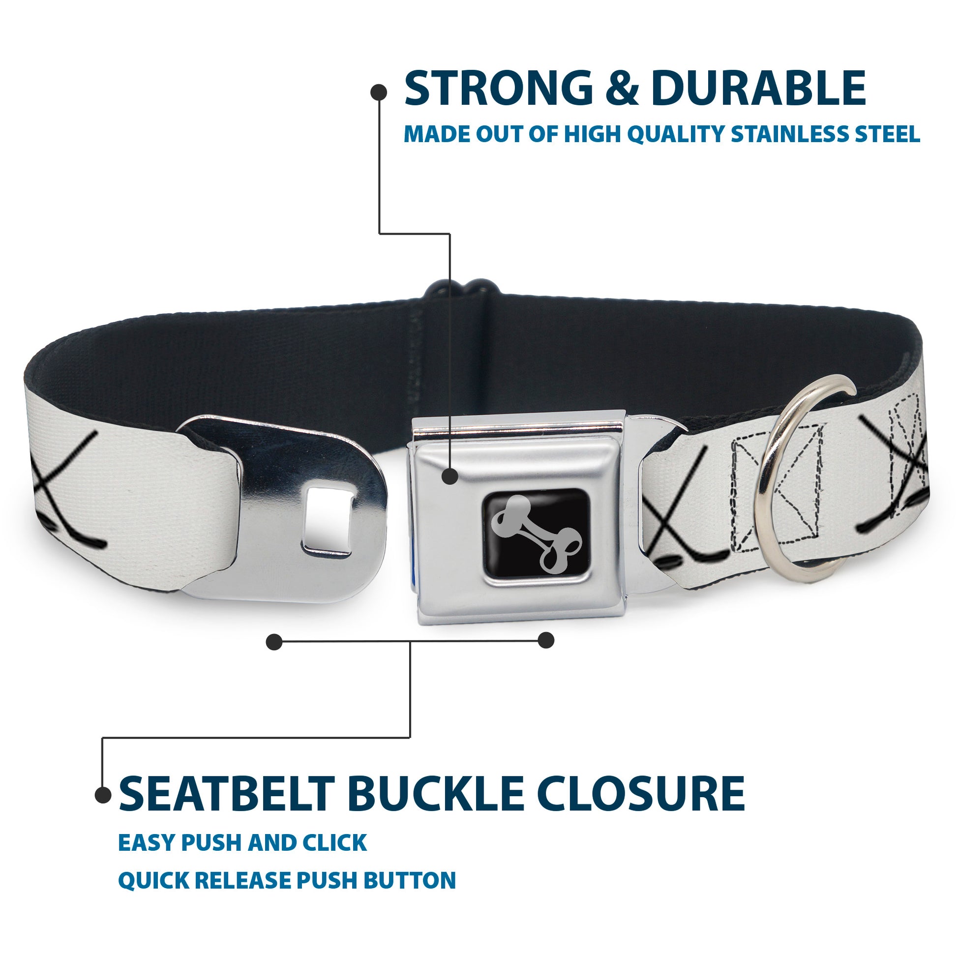 Dog Bone Black/Silver Seatbelt Buckle Collar - Hockey Sticks and Puck White/Black Seatbelt Buckle Collars Buckle-Down