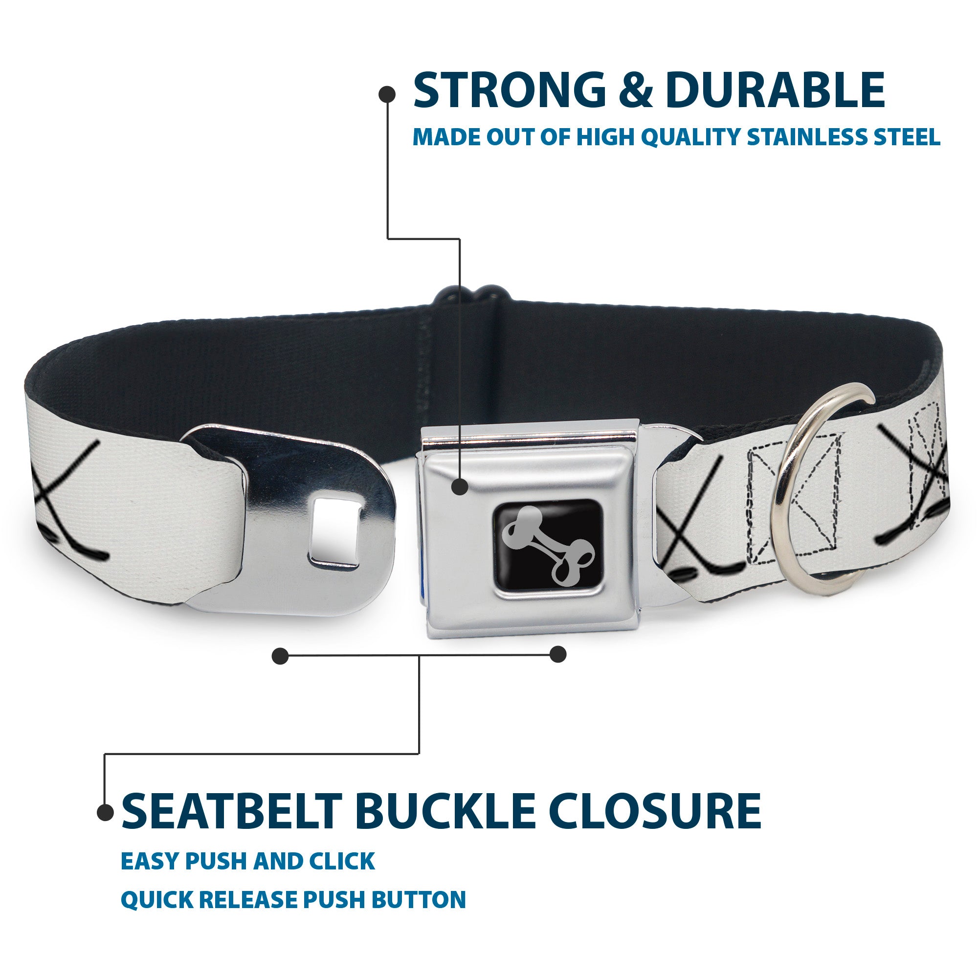 Dog Bone Black/Silver Seatbelt Buckle Collar - Hockey Sticks and Puck White/Black Seatbelt Buckle Collars Buckle-Down