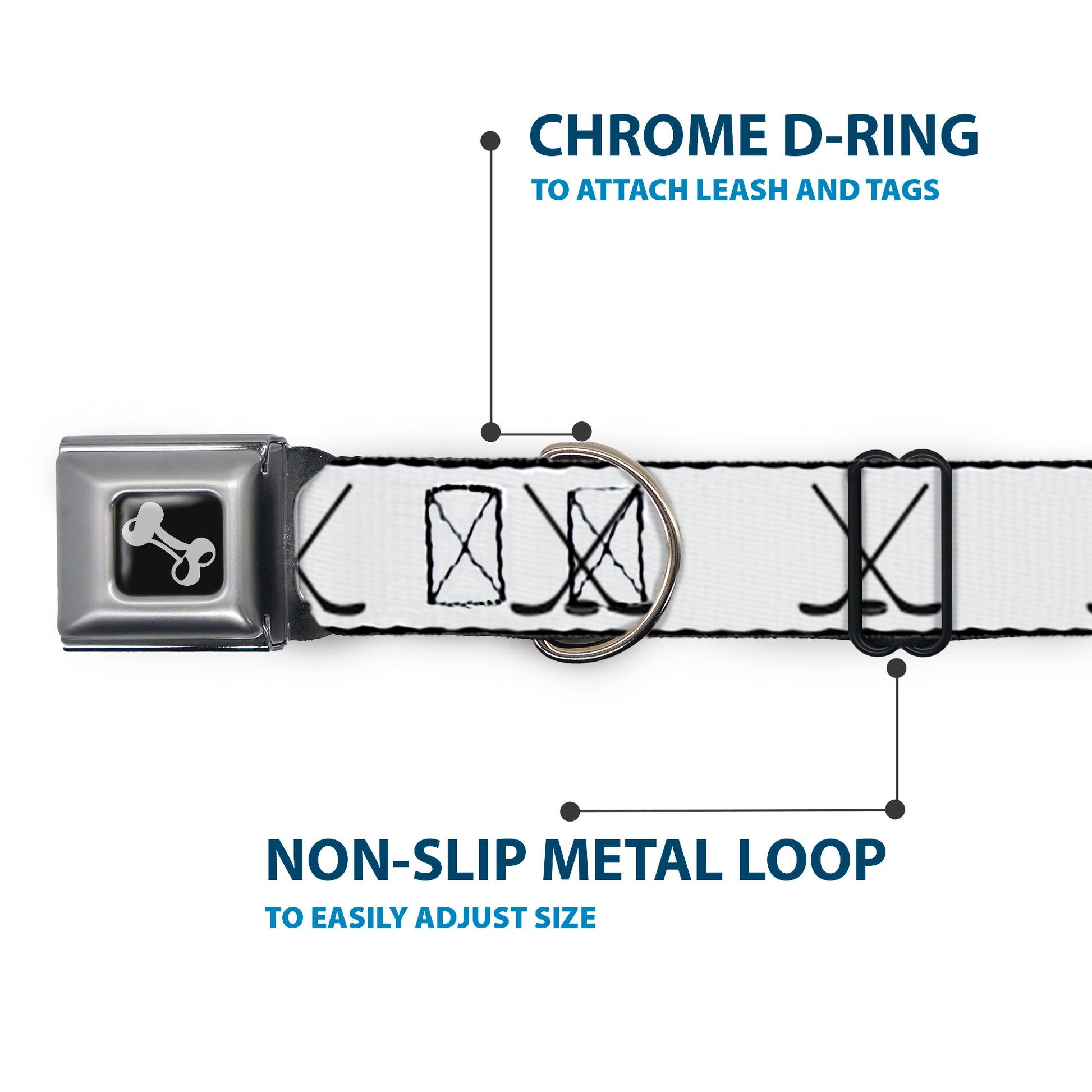 Dog Bone Black/Silver Seatbelt Buckle Collar - Hockey Sticks and Puck White/Black Seatbelt Buckle Collars Buckle-Down