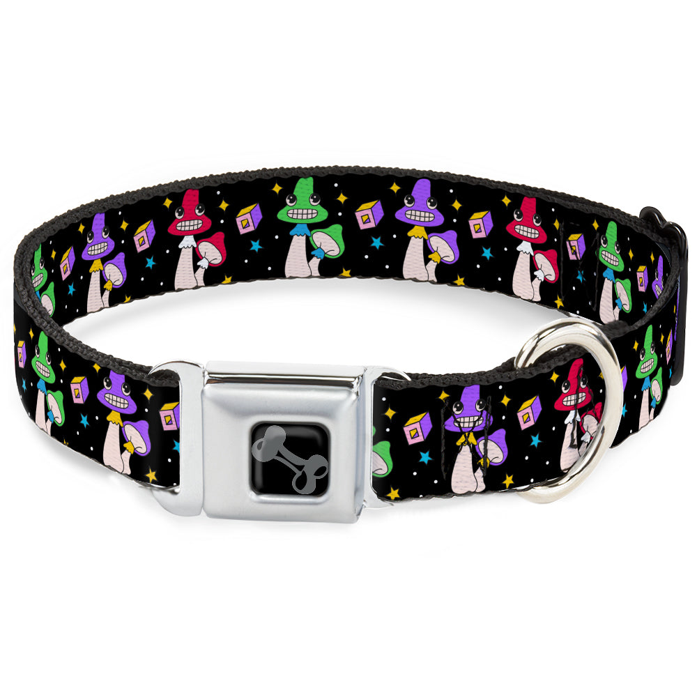 Dog Bone Black/Silver Seatbelt Buckle Collar - Happy Mushrooms with Stars Black/Multi Color Seatbelt Buckle Collars Buckle-Down