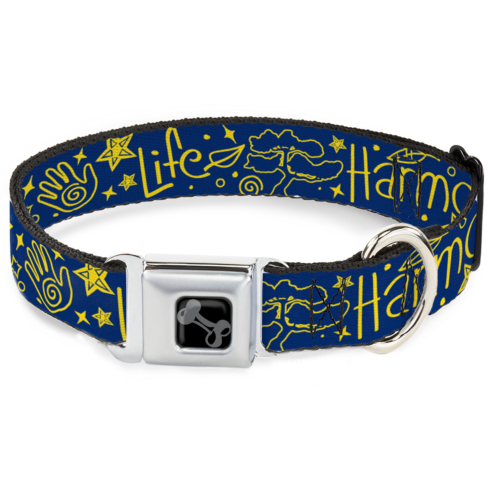 Dog Bone Black/Silver Seatbelt Buckle Collar - HARMONY BALANCE LIFE Icons Collage Blue/Yellow Seatbelt Buckle Collars Buckle-Down