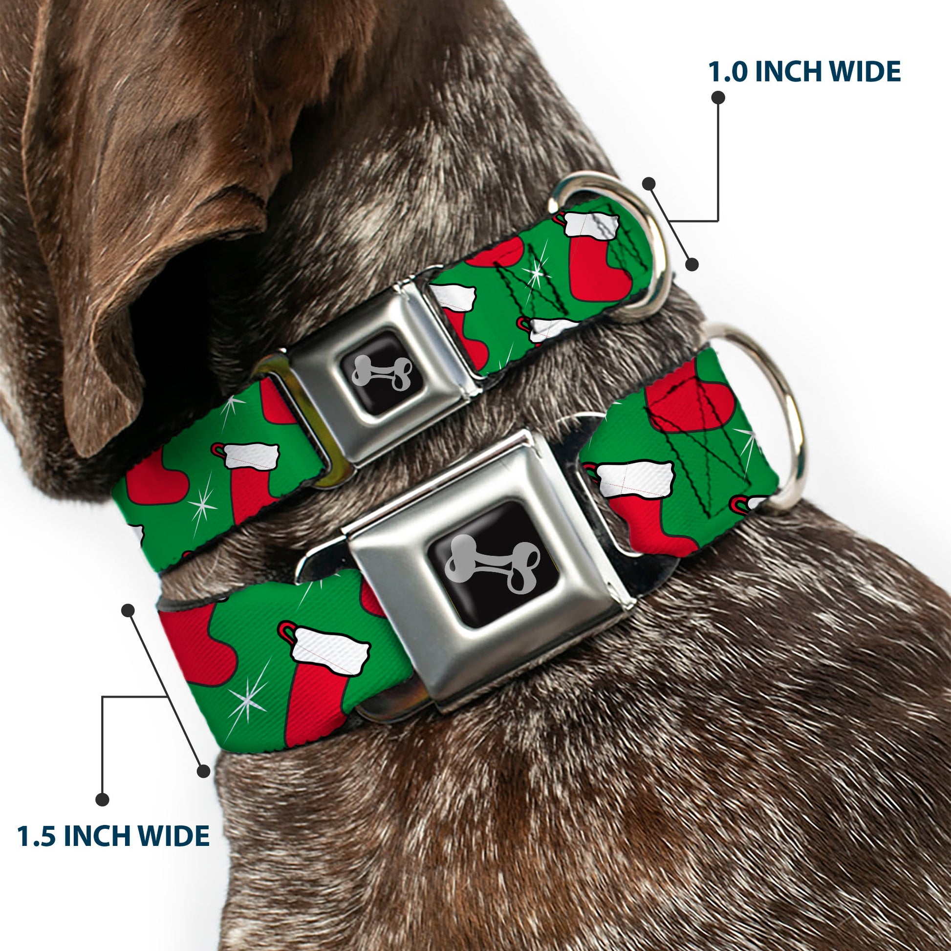 Dog Bone Black/Silver Seatbelt Buckle Collar - Holiday Christmas Stocking and Star Green/WhiteRed Seatbelt Buckle Collars Buckle-Down