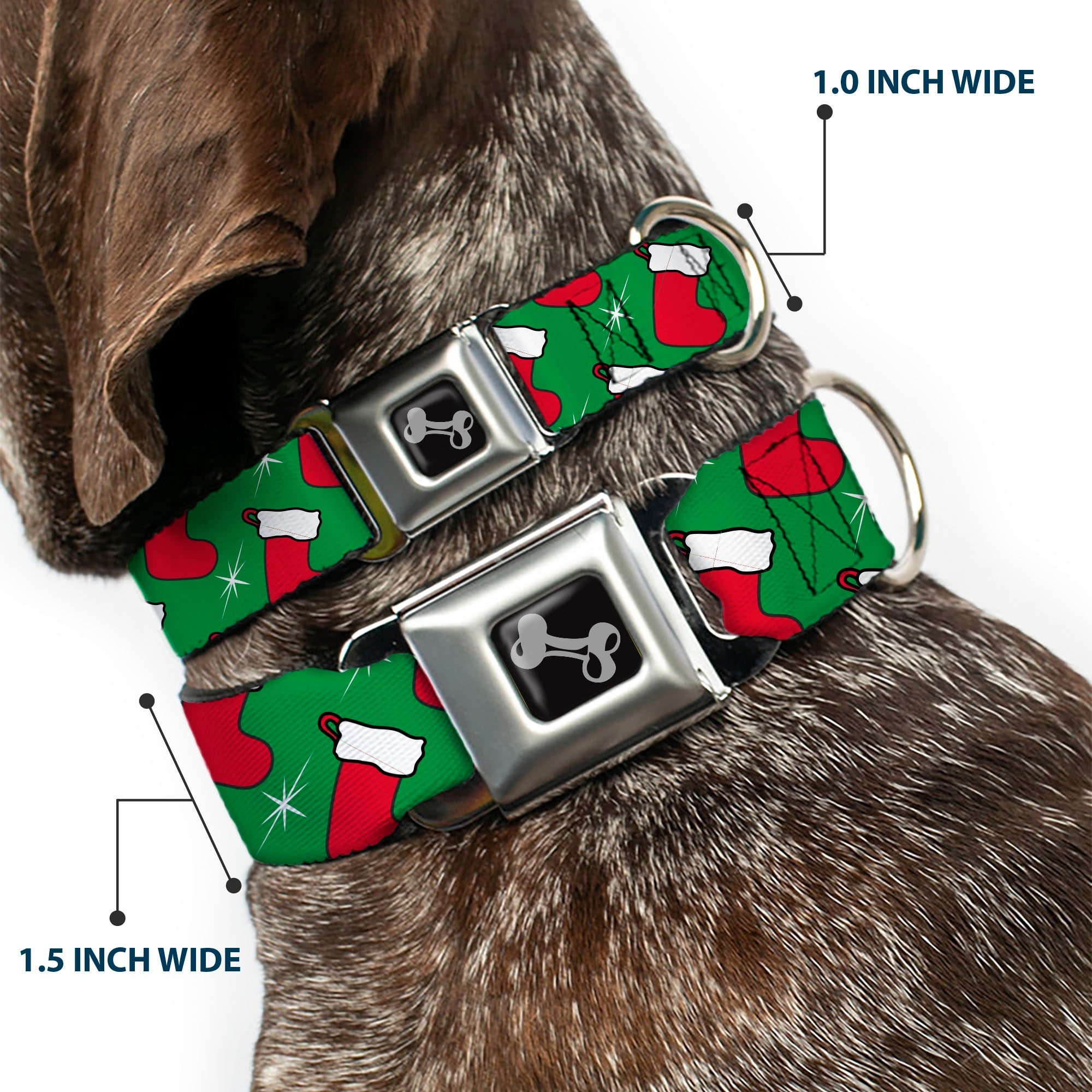 Dog Bone Black/Silver Seatbelt Buckle Collar - Holiday Christmas Stocking and Star Green/WhiteRed Seatbelt Buckle Collars Buckle-Down