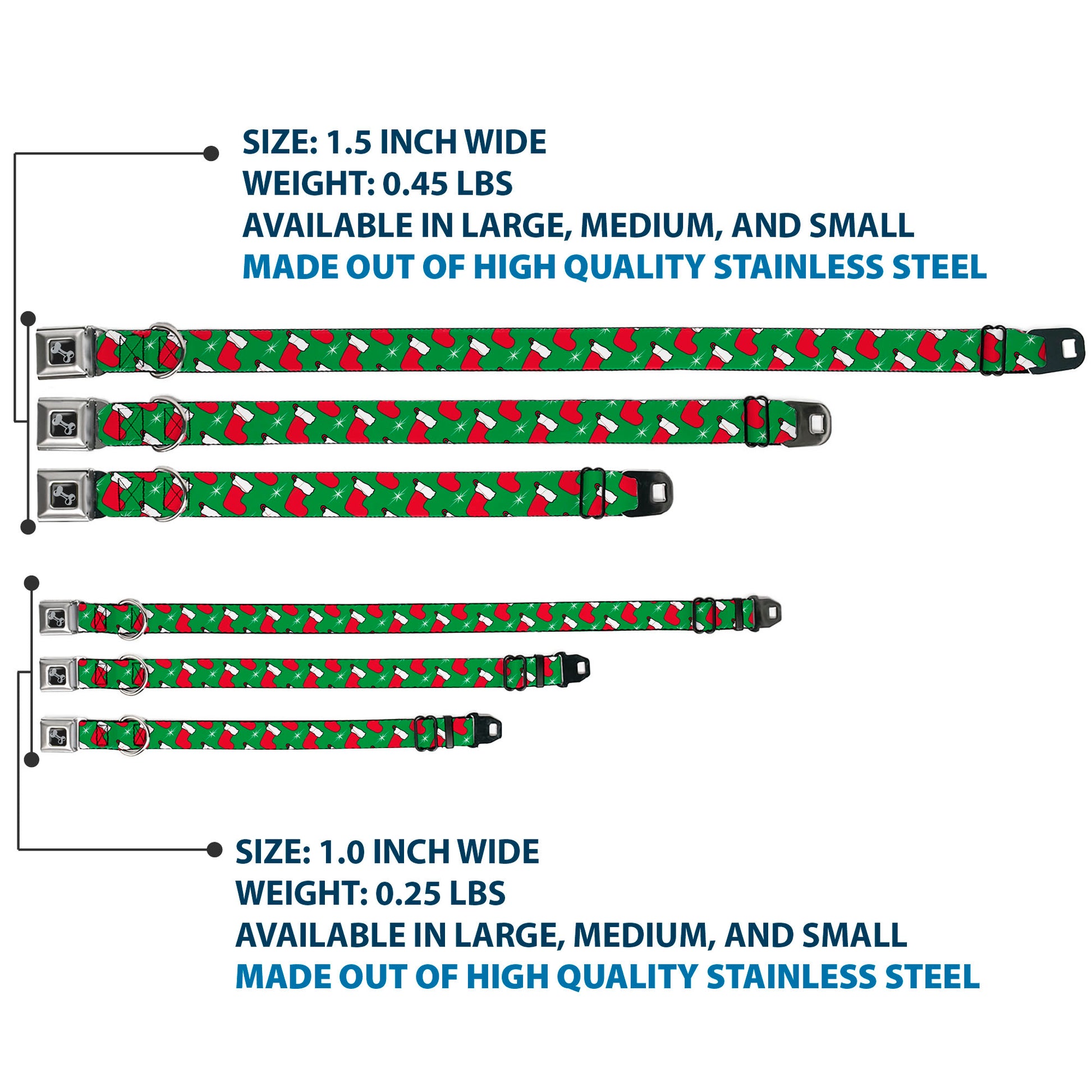 Dog Bone Black/Silver Seatbelt Buckle Collar - Holiday Christmas Stocking and Star Green/WhiteRed Seatbelt Buckle Collars Buckle-Down