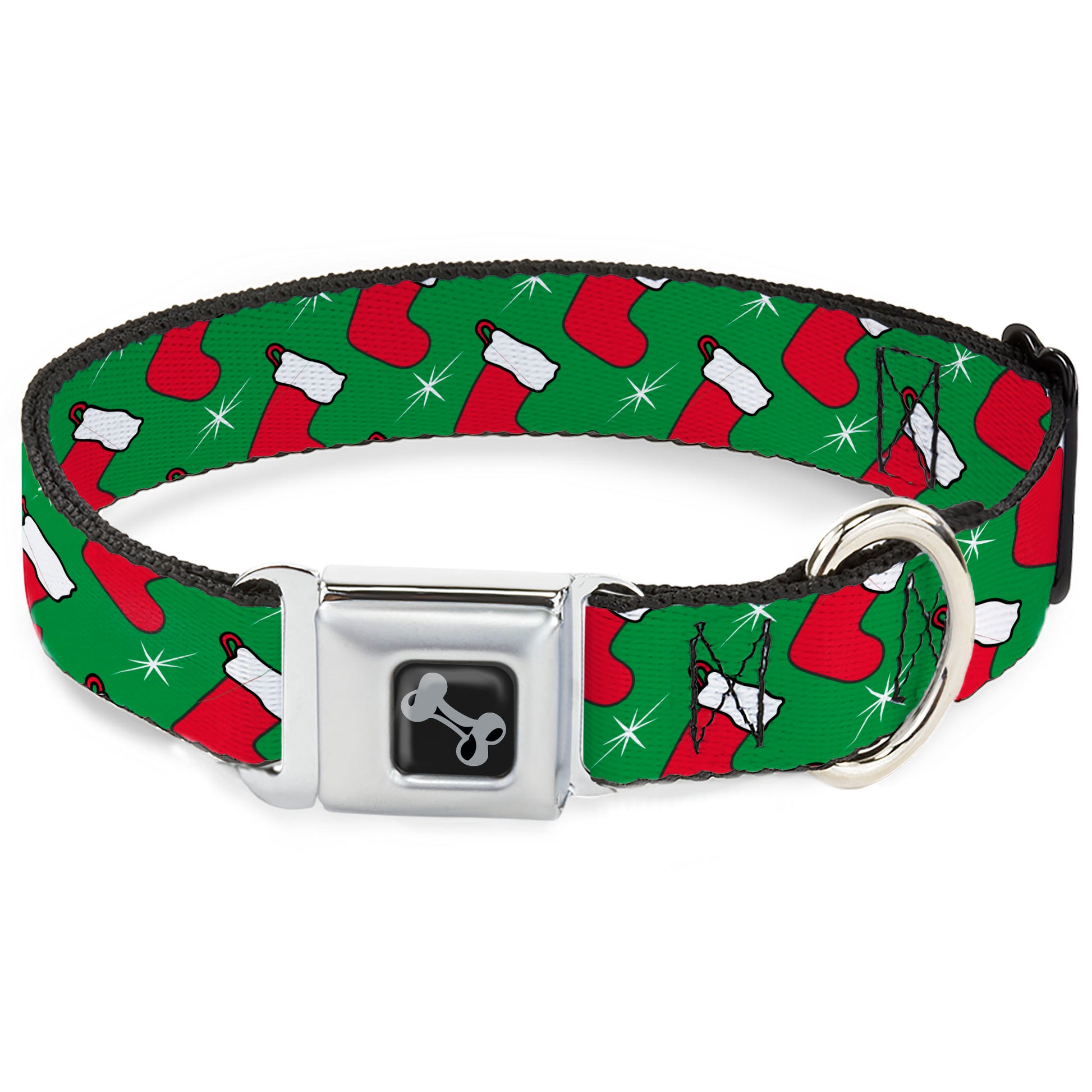 Dog Bone Black/Silver Seatbelt Buckle Collar - Holiday Christmas Stocking and Star Green/WhiteRed Seatbelt Buckle Collars Buckle-Down