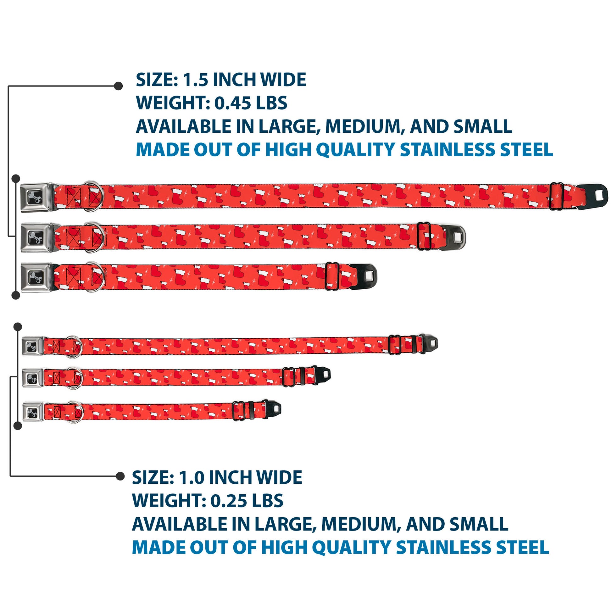 Dog Bone Black/Silver Seatbelt Buckle Collar - Holiday Christmas Stocking and Star Red/White Seatbelt Buckle Collars Buckle-Down