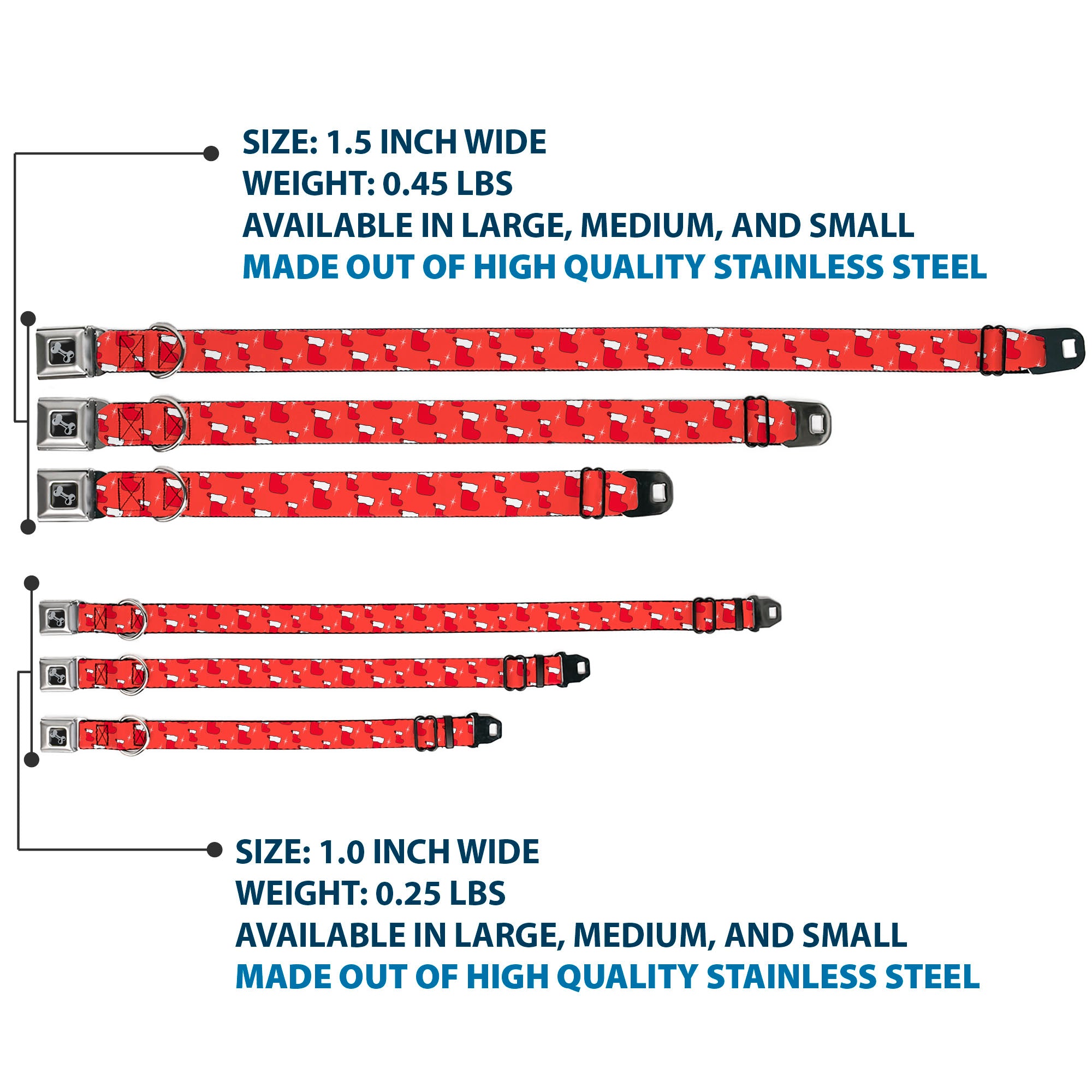 Dog Bone Black/Silver Seatbelt Buckle Collar - Holiday Christmas Stocking and Star Red/White Seatbelt Buckle Collars Buckle-Down