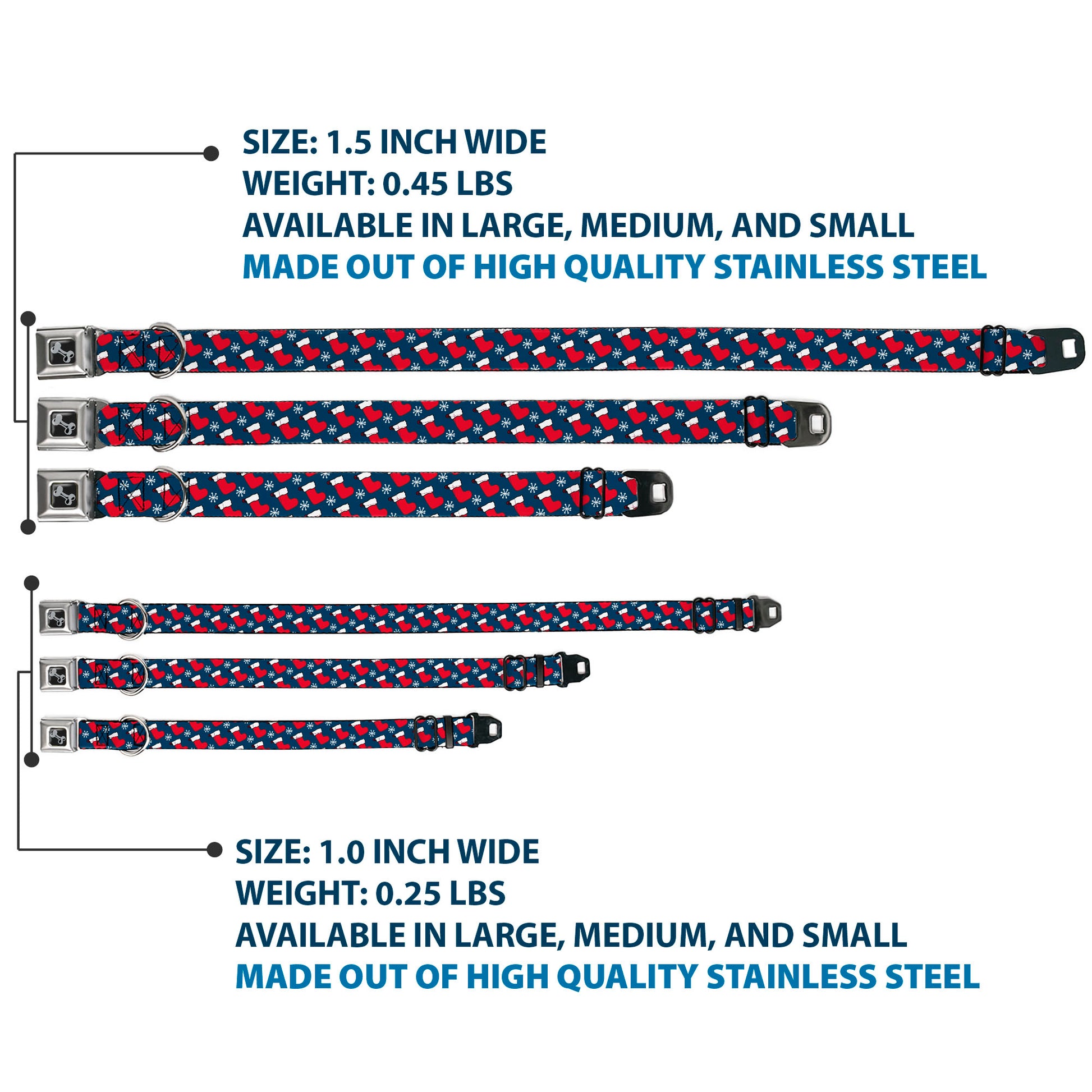 Dog Bone Black/Silver Seatbelt Buckle Collar - Holiday Christmas Stocking and Snowflake Blue/WhiteRed Seatbelt Buckle Collars Buckle-Down