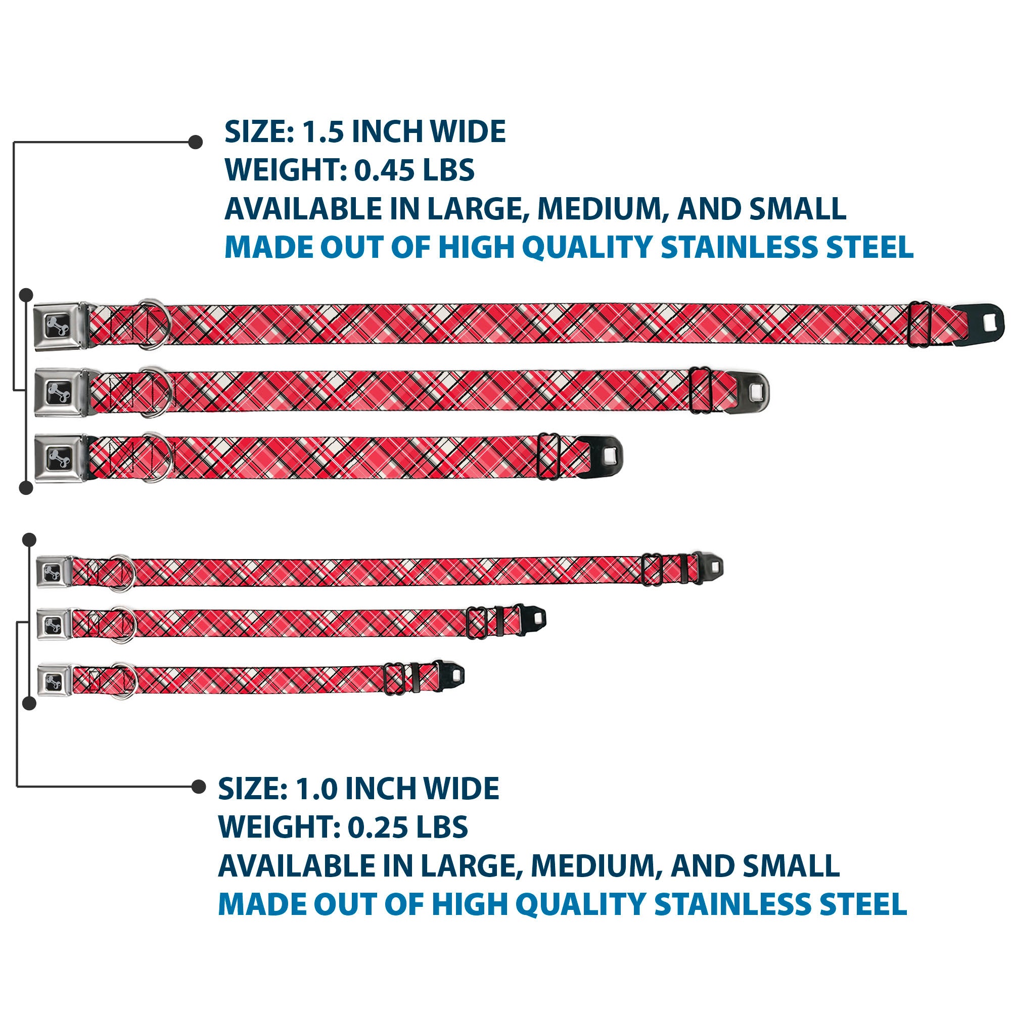 Dog Bone Black/Silver Seatbelt Buckle Collar - Holiday Christmas Plaid Diagonal White/Red/Black Seatbelt Buckle Collars Buckle-Down