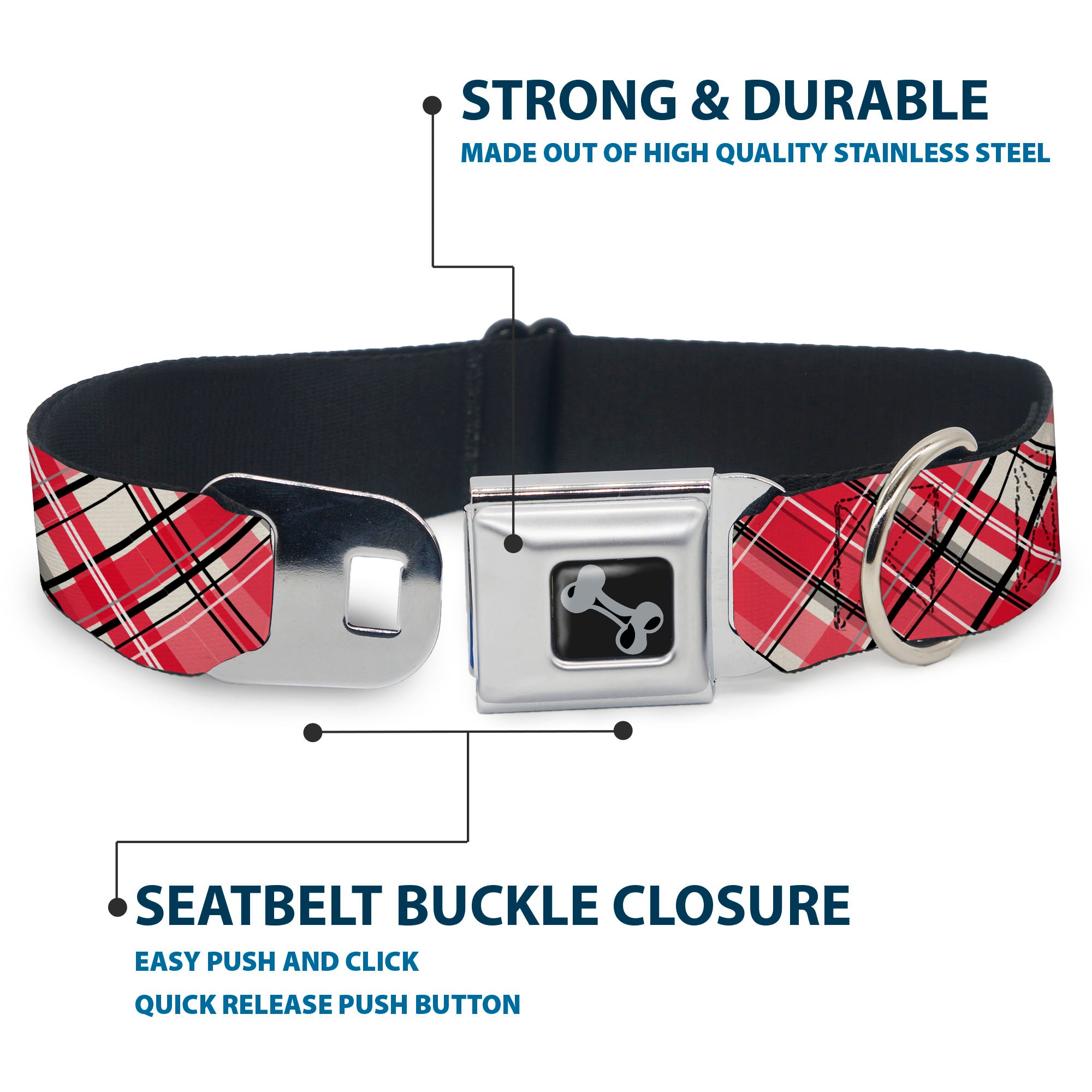 Dog Bone Black/Silver Seatbelt Buckle Collar - Holiday Christmas Plaid Diagonal White/Red/Black Seatbelt Buckle Collars Buckle-Down