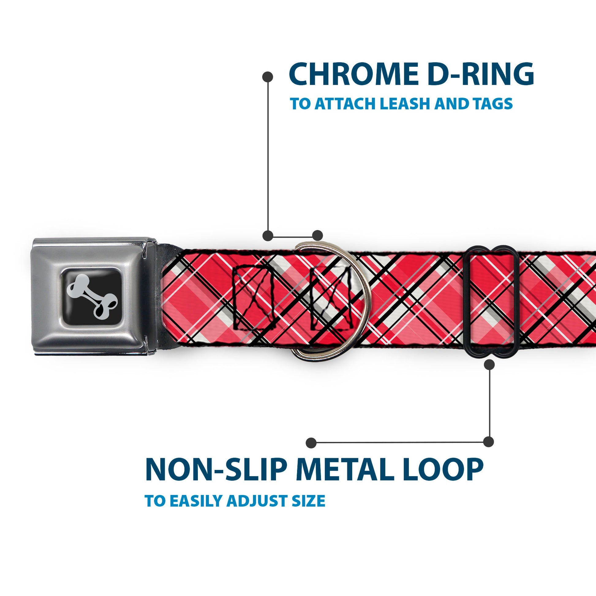 Dog Bone Black/Silver Seatbelt Buckle Collar - Holiday Christmas Plaid Diagonal White/Red/Black Seatbelt Buckle Collars Buckle-Down
