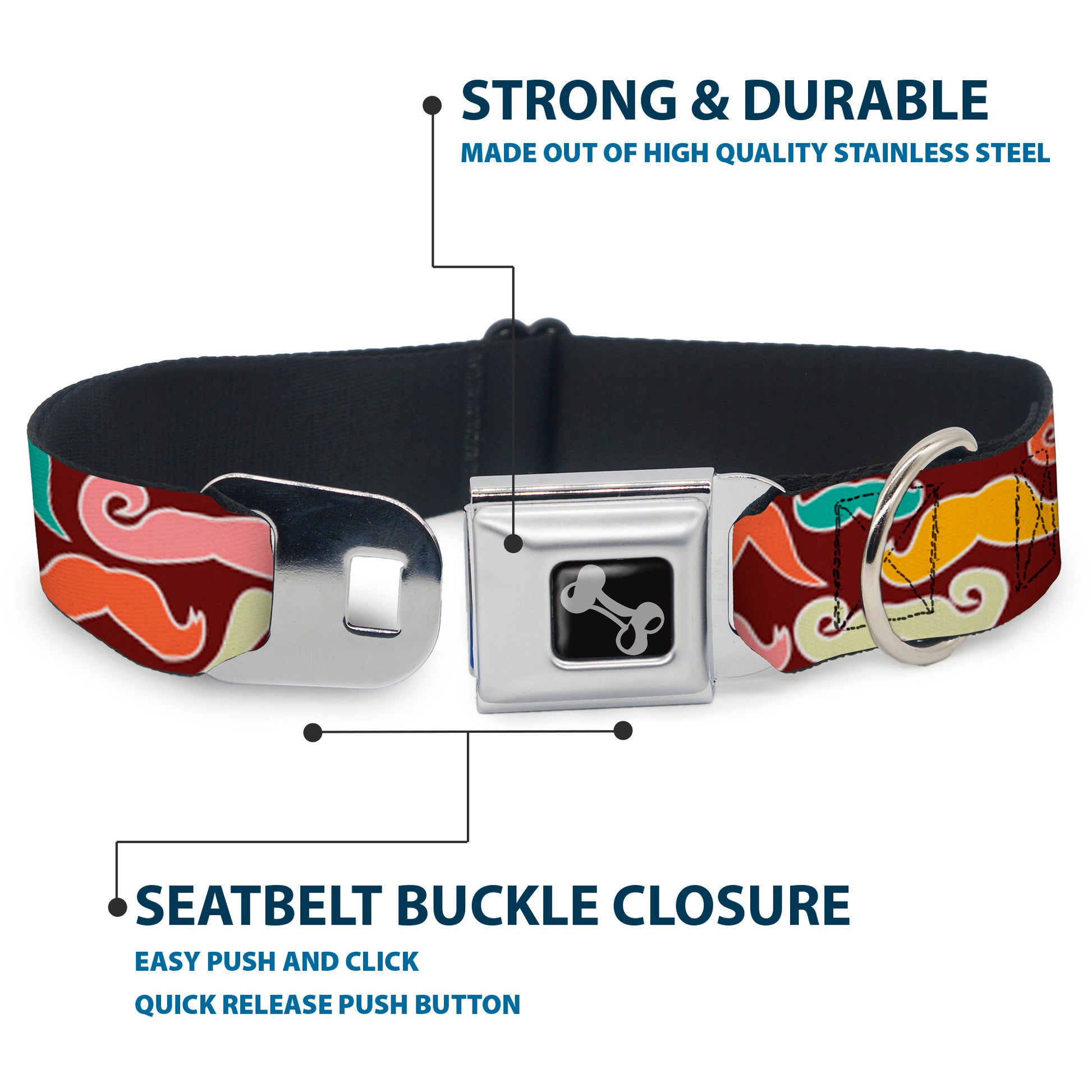Dog Bone Seatbelt Buckle Collar - Mustaches Brown/Multi Pastel Seatbelt Buckle Collars Buckle-Down