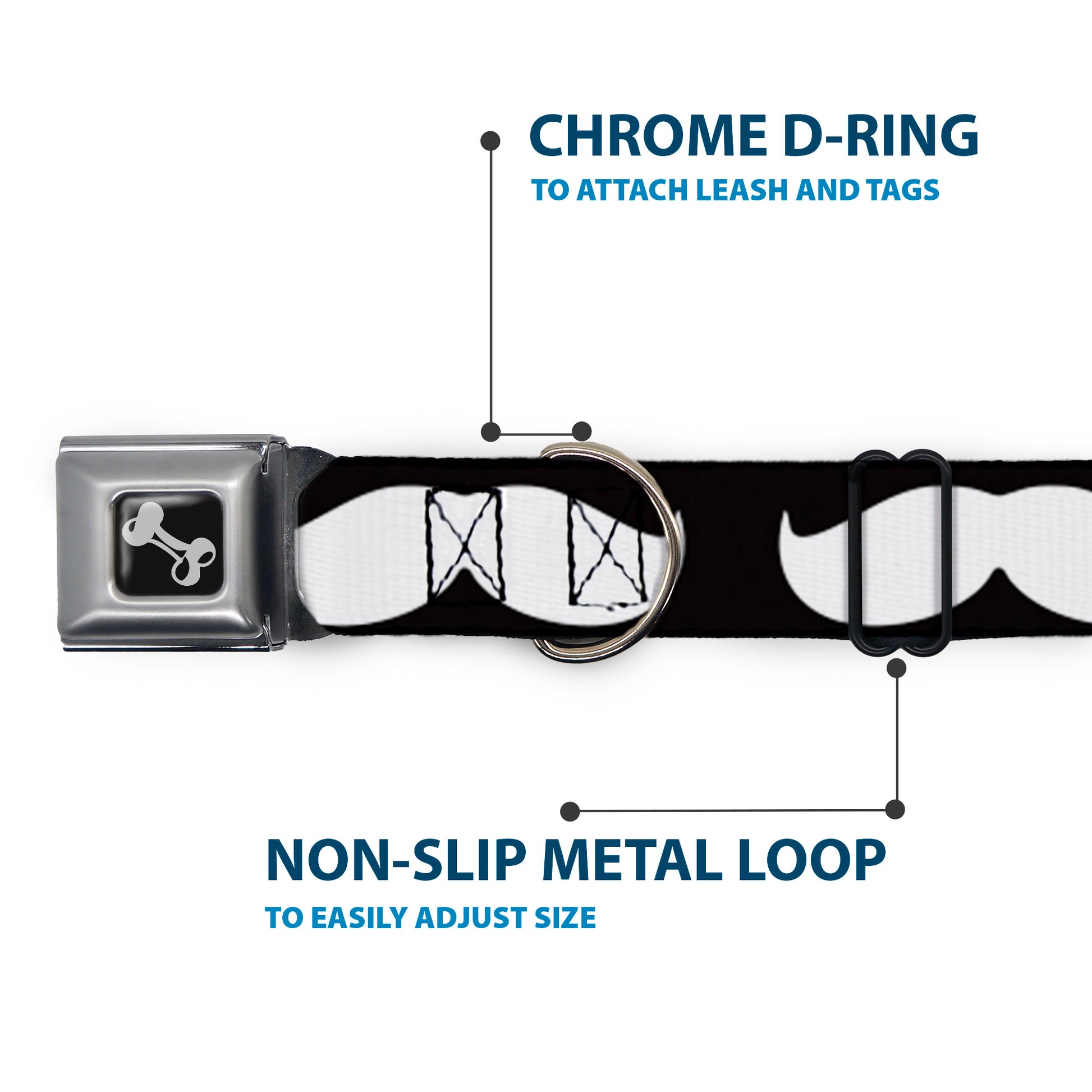 Dog Bone Seatbelt Buckle Collar - Mustache Black/White Seatbelt Buckle Collars Buckle-Down