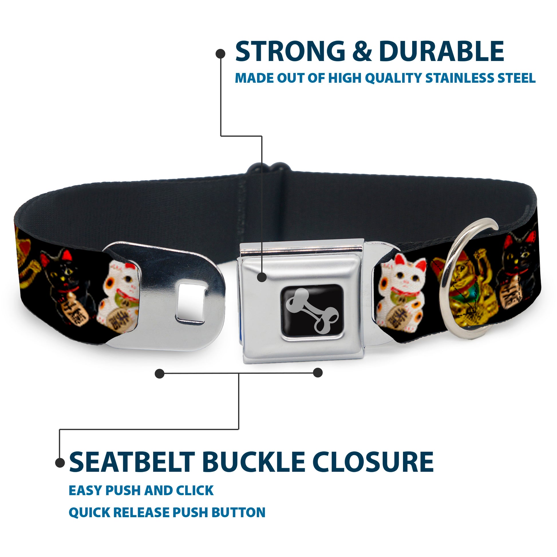 Dog Bone Seatbelt Buckle Collar - Maneki Neko Lucky Cats Gold/Black/White Seatbelt Buckle Collars Buckle-Down