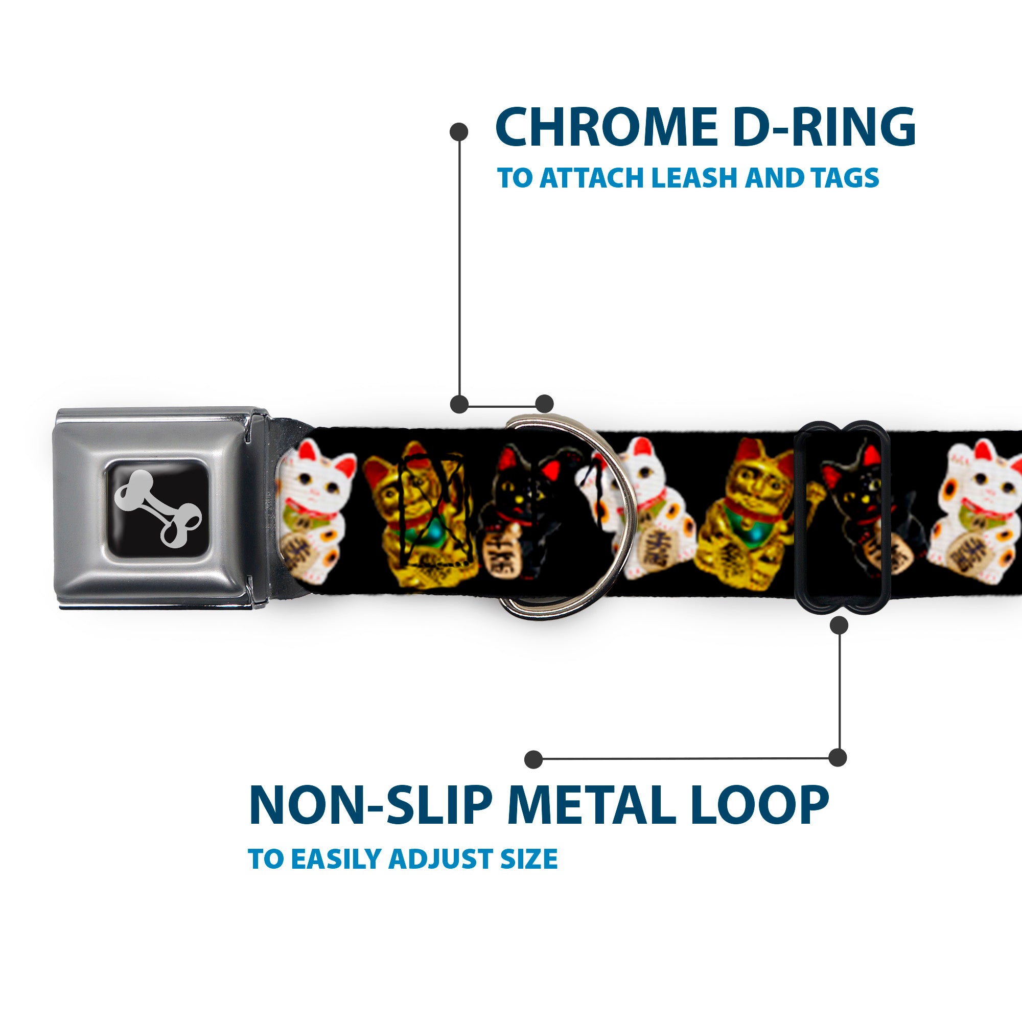 Dog Bone Seatbelt Buckle Collar - Maneki Neko Lucky Cats Gold/Black/White Seatbelt Buckle Collars Buckle-Down