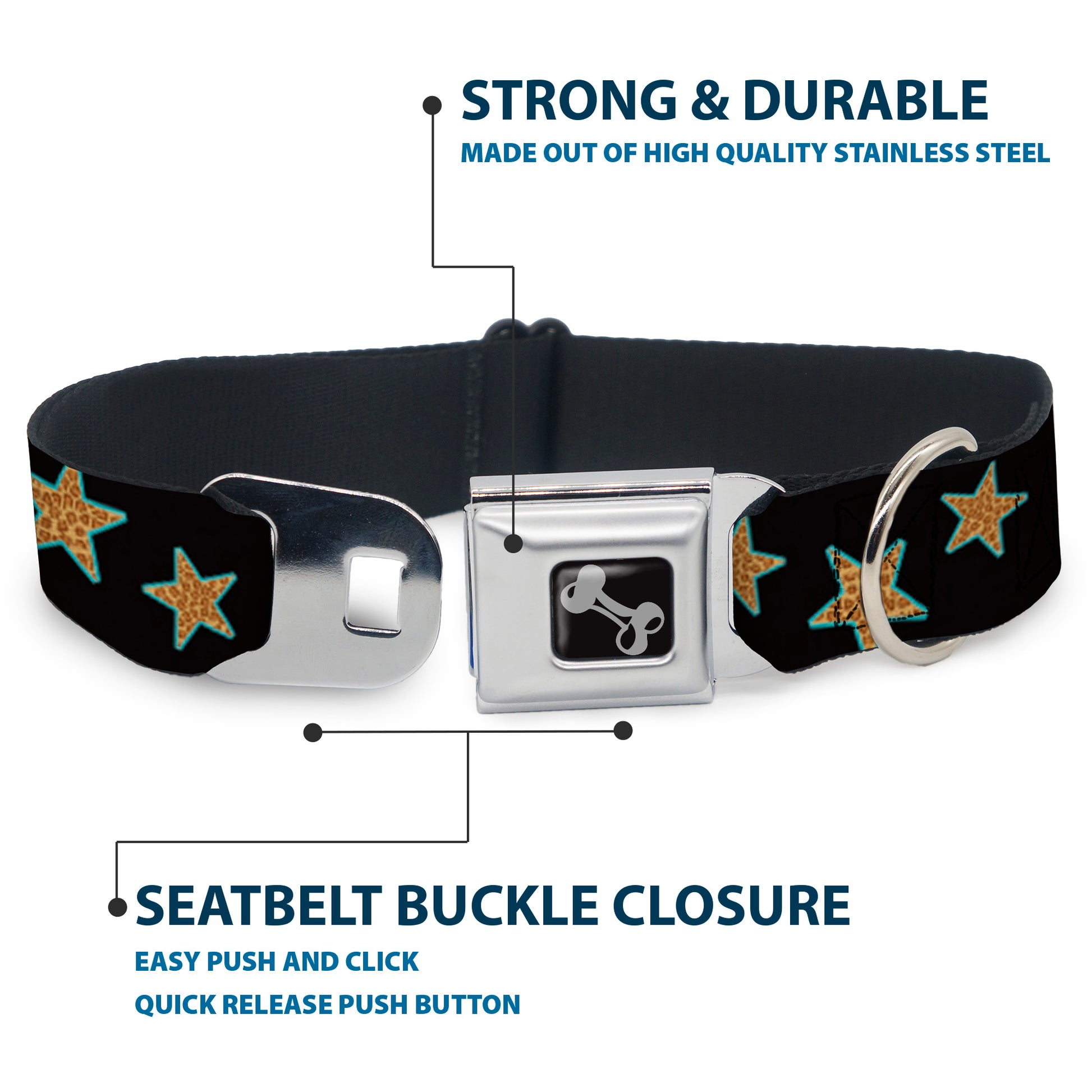 Dog Bone Seatbelt Buckle Collar - Multi Stars Black/Leopard/Baby Blue Outline Seatbelt Buckle Collars Buckle-Down