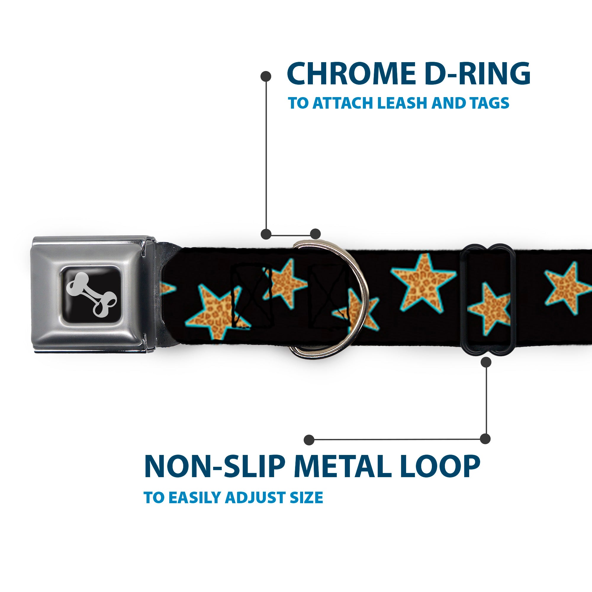 Dog Bone Seatbelt Buckle Collar - Multi Stars Black/Leopard/Baby Blue Outline Seatbelt Buckle Collars Buckle-Down