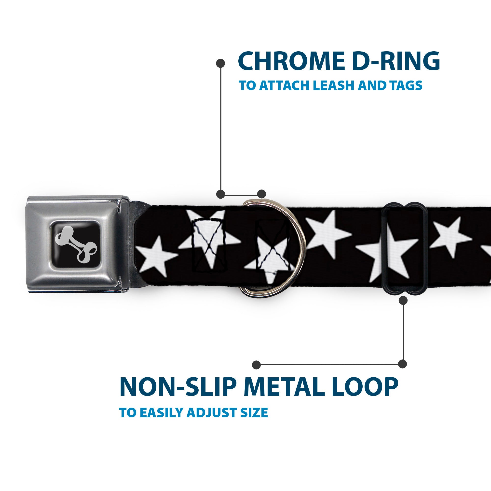 Dog Bone Seatbelt Buckle Collar - Multi Stars Black/White Seatbelt Buckle Collars Buckle-Down
